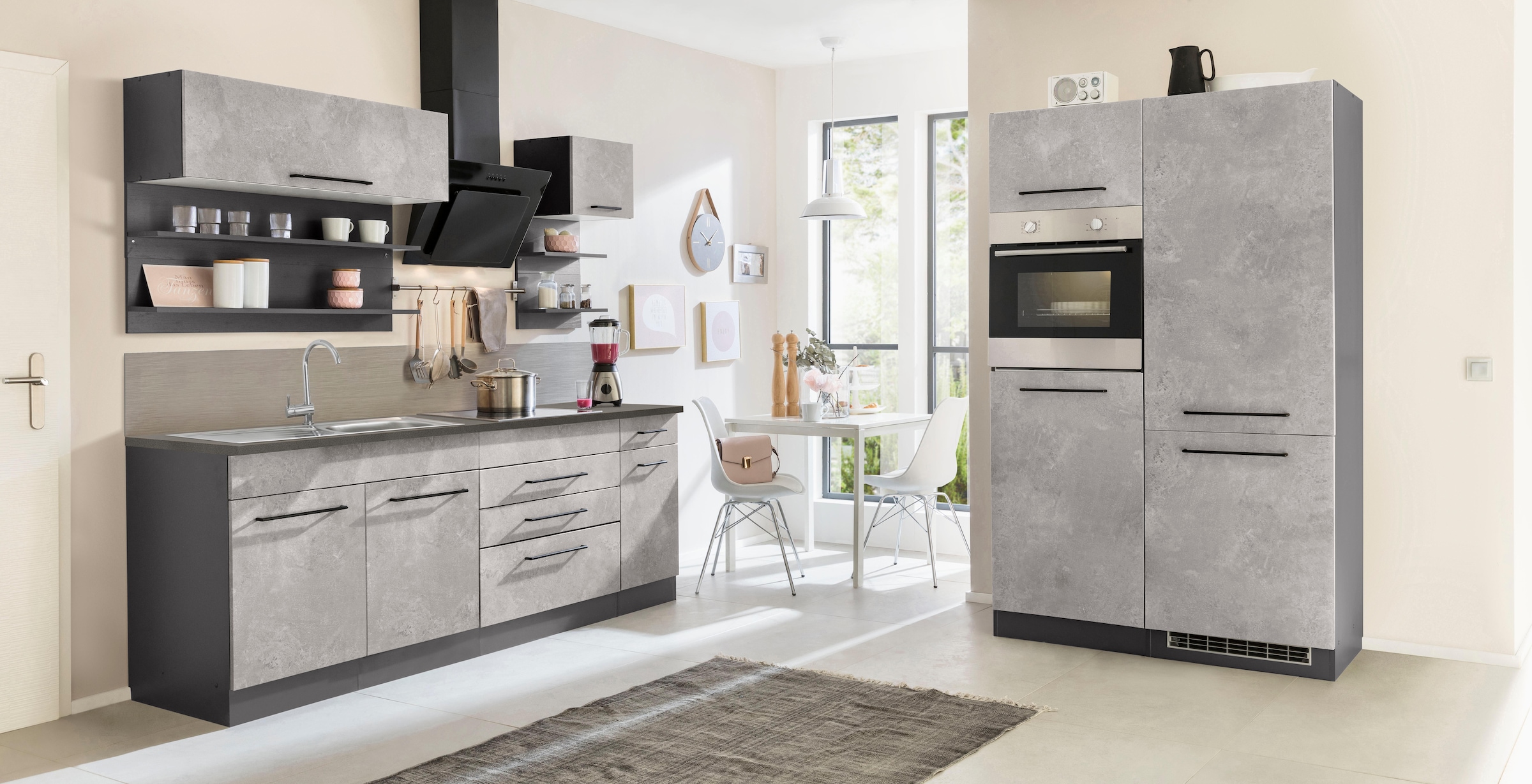 KOCHSTATION Küchenzeile »KS-Tulsa«, mit E-Geräten, Breite 350 cm, schwarze Metallgriffe, MDF Fronten