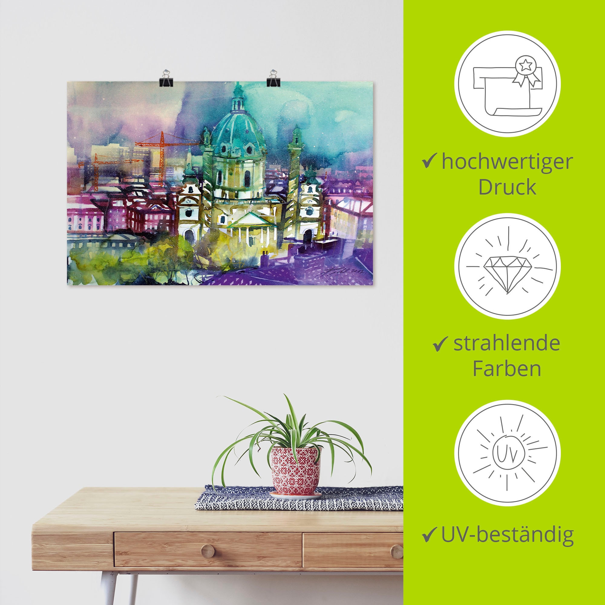 Artland Poster »Wien, Dächer mit Karlskirche«, Österreich, (1 St.), als Alubild, Leinwandbild, Wandaufkleber oder Poster in versch. Größen