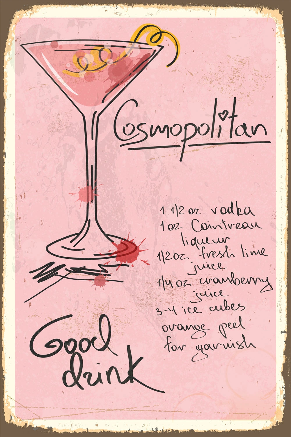 Metallbild »Cosmopolitan«, Sprüche, (1 St.), Rezept, Cocktail, rosa, Wanddeko,...