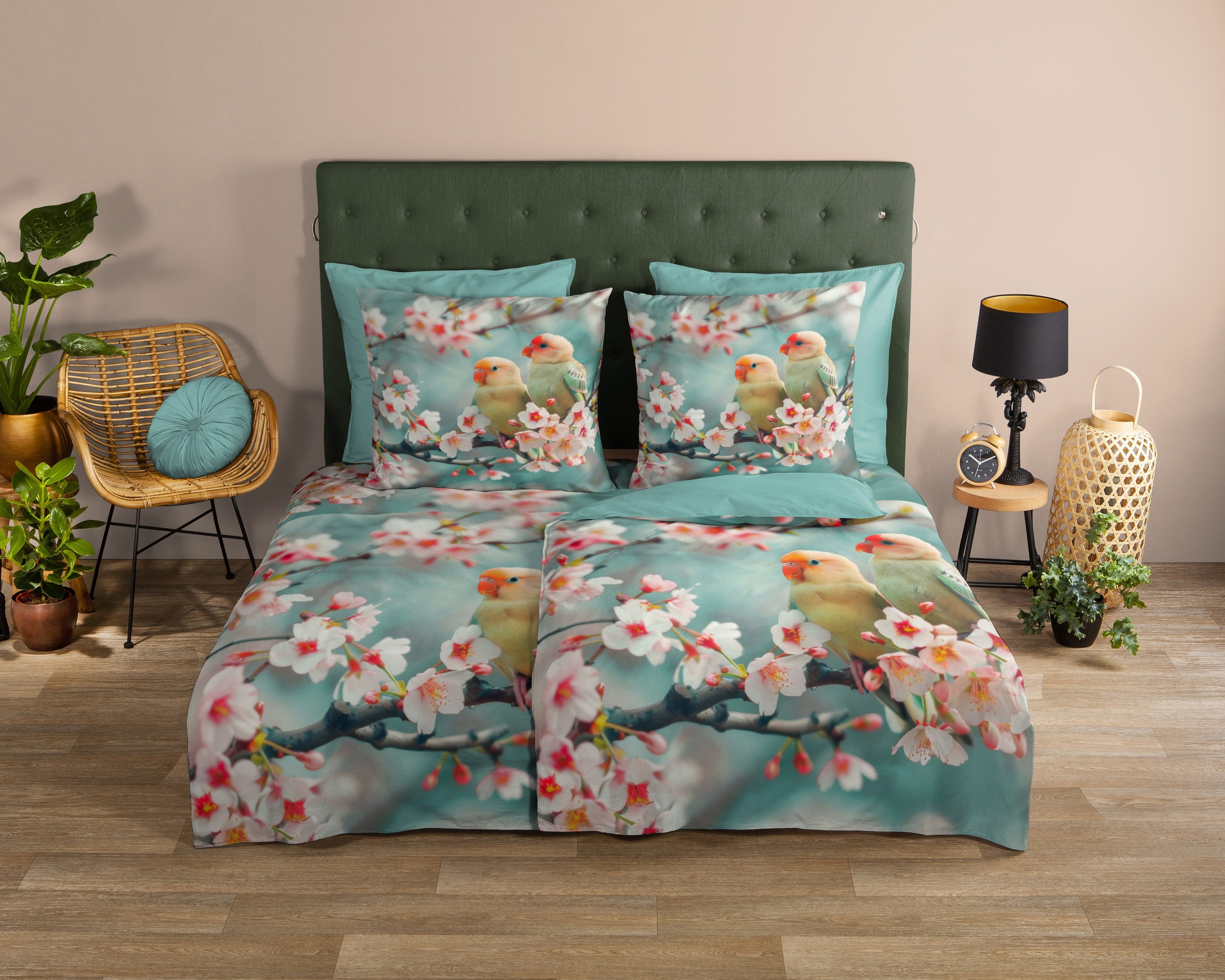 good morning Wendebettwäsche »Chibi«, 100% Baumwolle, Renforcé, Reißverschluss, Wendeoptik, Vogel, aqua
