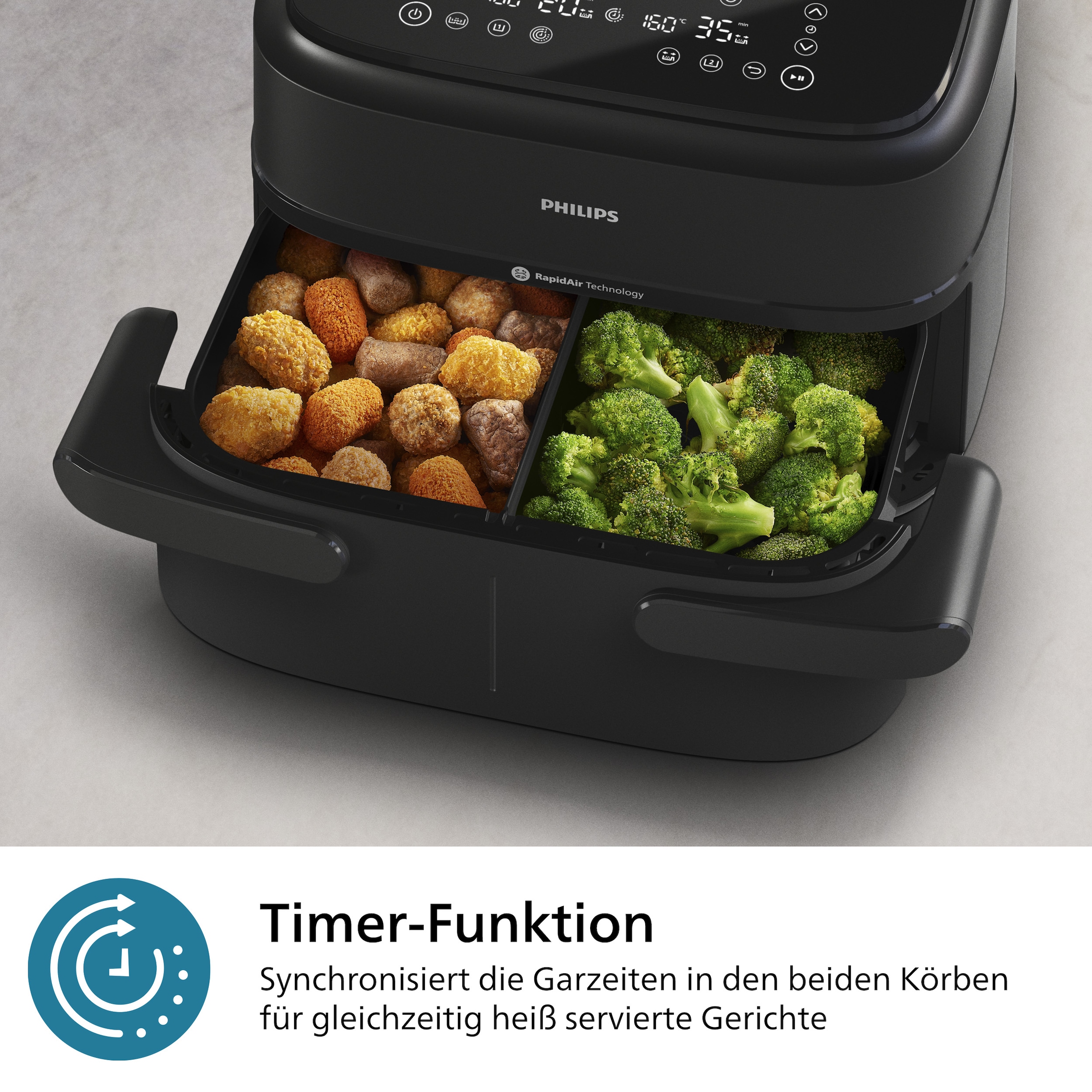 Philips Heißluftfritteuse »Airfryer 1000 Flexible Basket NA150/00, zwei Körbe mit 7.1L«, 2450 W, RapidAir Technologie und 10 Kochfunktionen; Schwarz