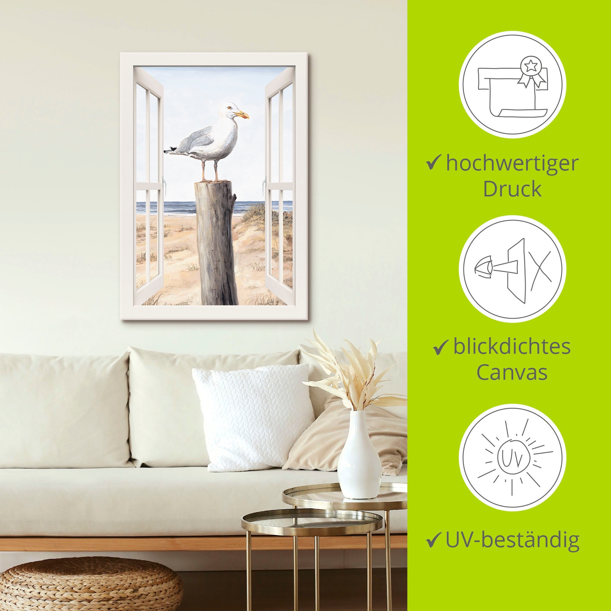Artland Wandbild »Möwe Fensterblick«, Vogelbilder, (1 St.), als Alubild, Leinwandbild, Wandaufkleber oder Poster in versch. Größen