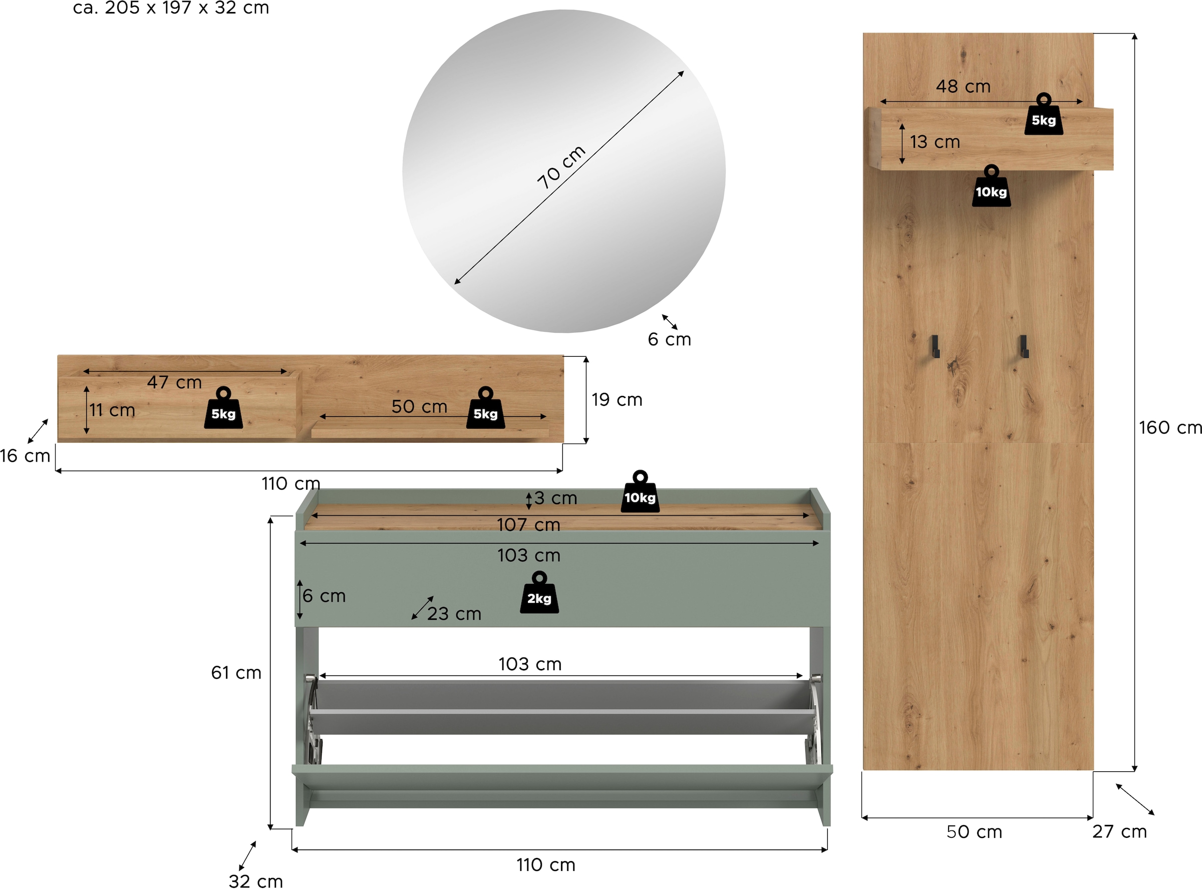 Home affaire Garderoben-Set »EVRID, 4-teilig, Breite 205 cm, individuell hängbar & erweiterbar« best. aus: Wandboard, Kommode, Spiegel, Garderobenpaneel, 4 Stk. tlg.