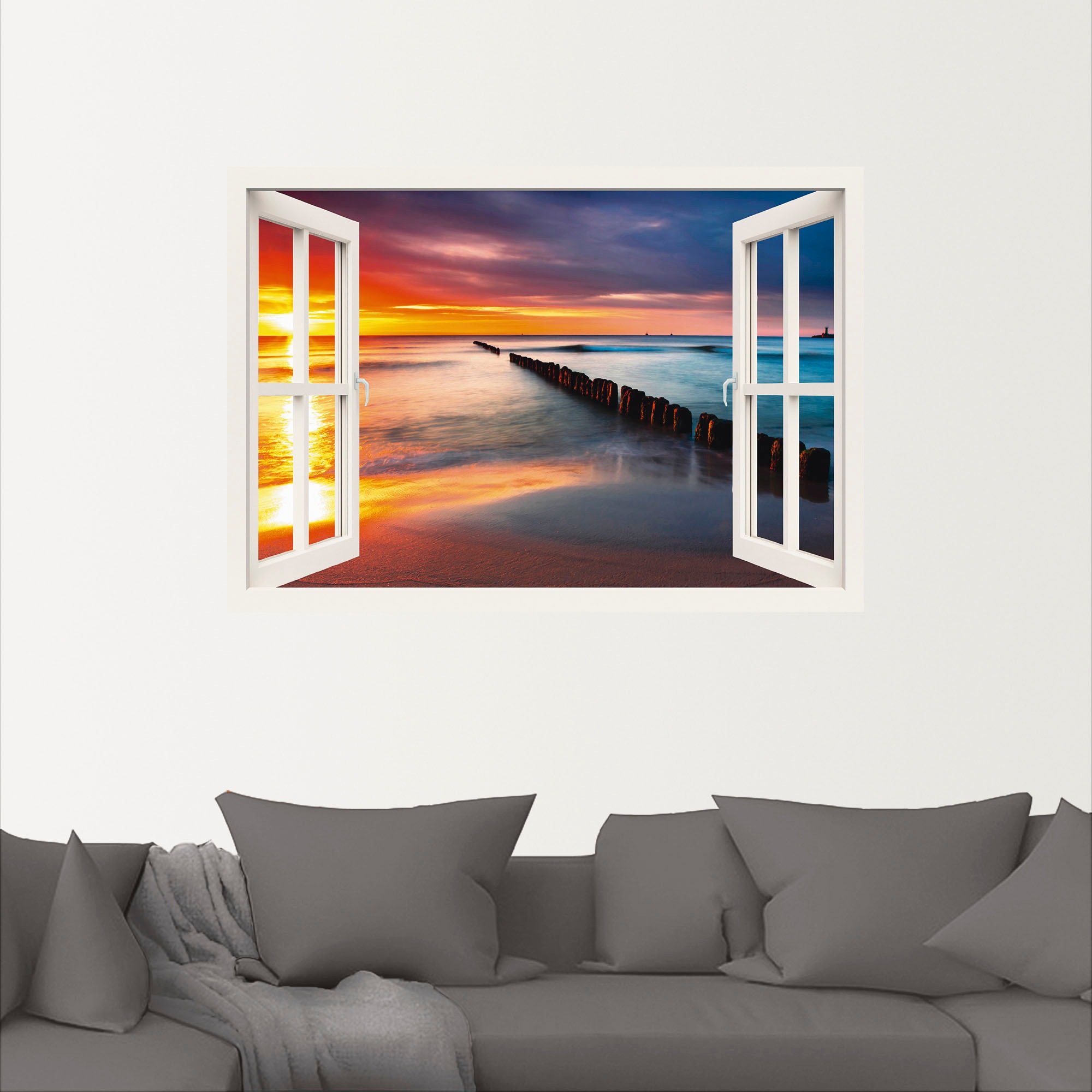 Artland Wandbild »Fensterblick Ostsee mit Sonnenaufgang«, Fensterblick, (1 St.), als Leinwandbild, Wandaufkleber oder Poster in versch. Größen