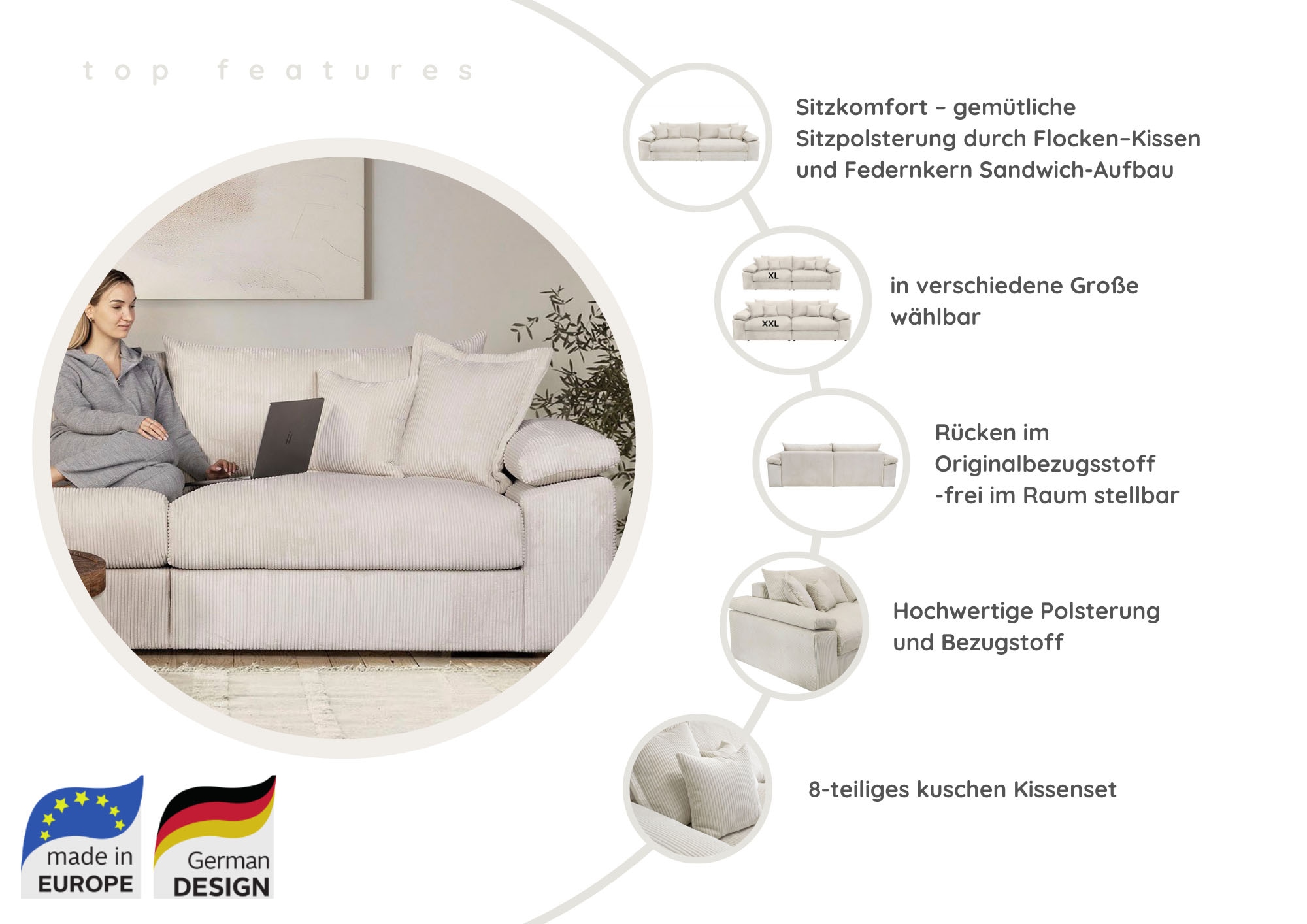 Home affaire Big-Sofa »Soft&Cosy XL - Breite 246 cm«, Mega-Sofa, Cord oder Chenille-Struktur, Federkern-Polsterung