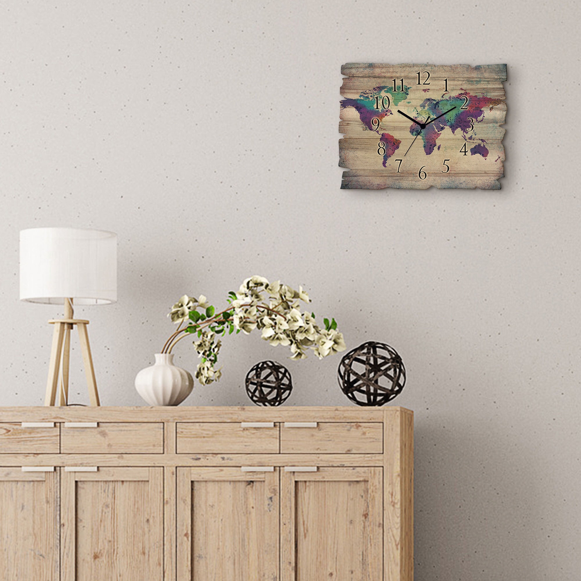 Artland Wanduhr »Holzuhr bunte Weltkarte« wahlweise mit Quarz- oder Funkuhrwerk, lautlos ohne Tickgeräusche