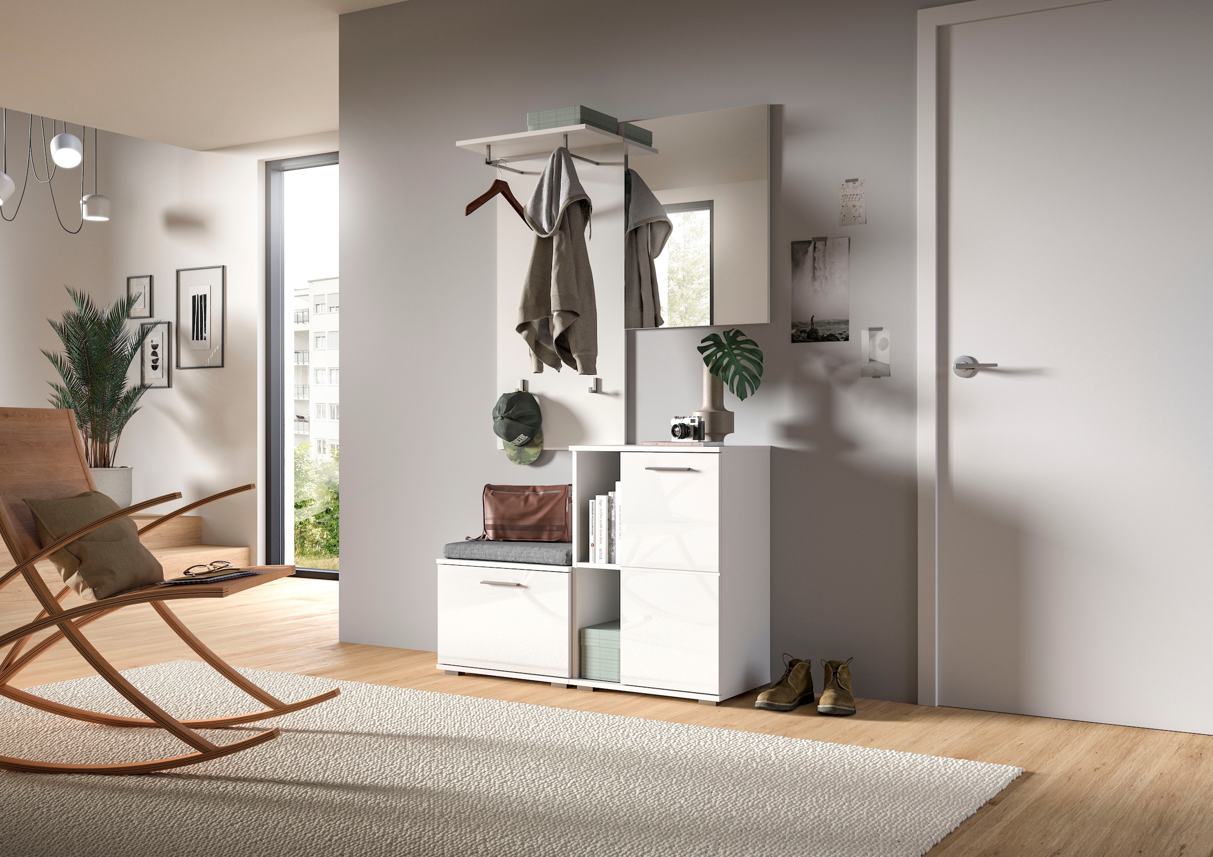 INOSIGN Garderobenpaneel »Valge, Höhe 114 cm, 1 Ablageboden, 2 Haken, 1 Kleiderstange«, (1 St.), Wandpaneel, Paneel, Wandhaken, Wandboard, Wandablage