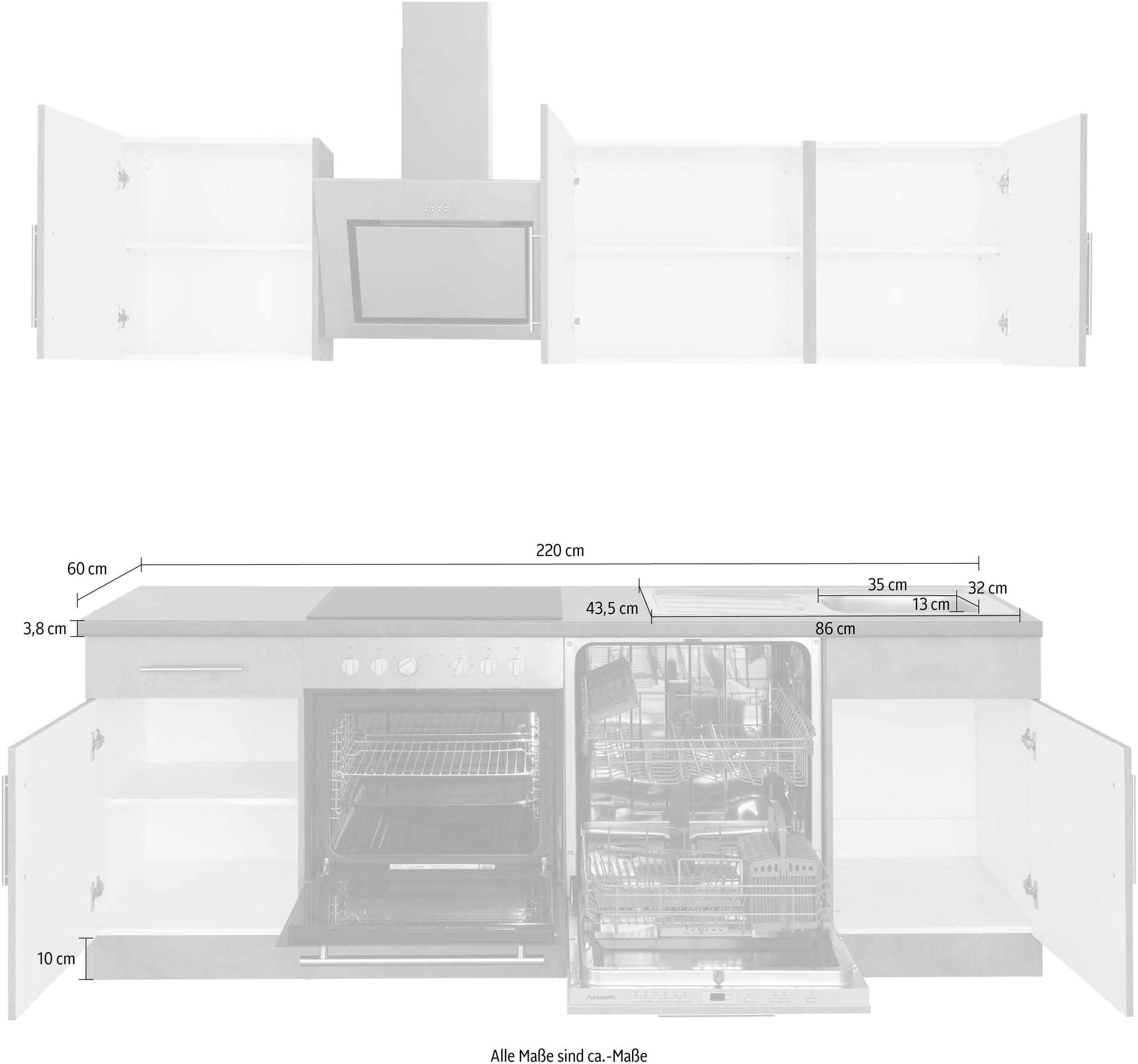 wiho Küchen Küchenzeile »Cali«, mit E-Geräten, Breite 220 cm mit Hanseatic E-Geräten