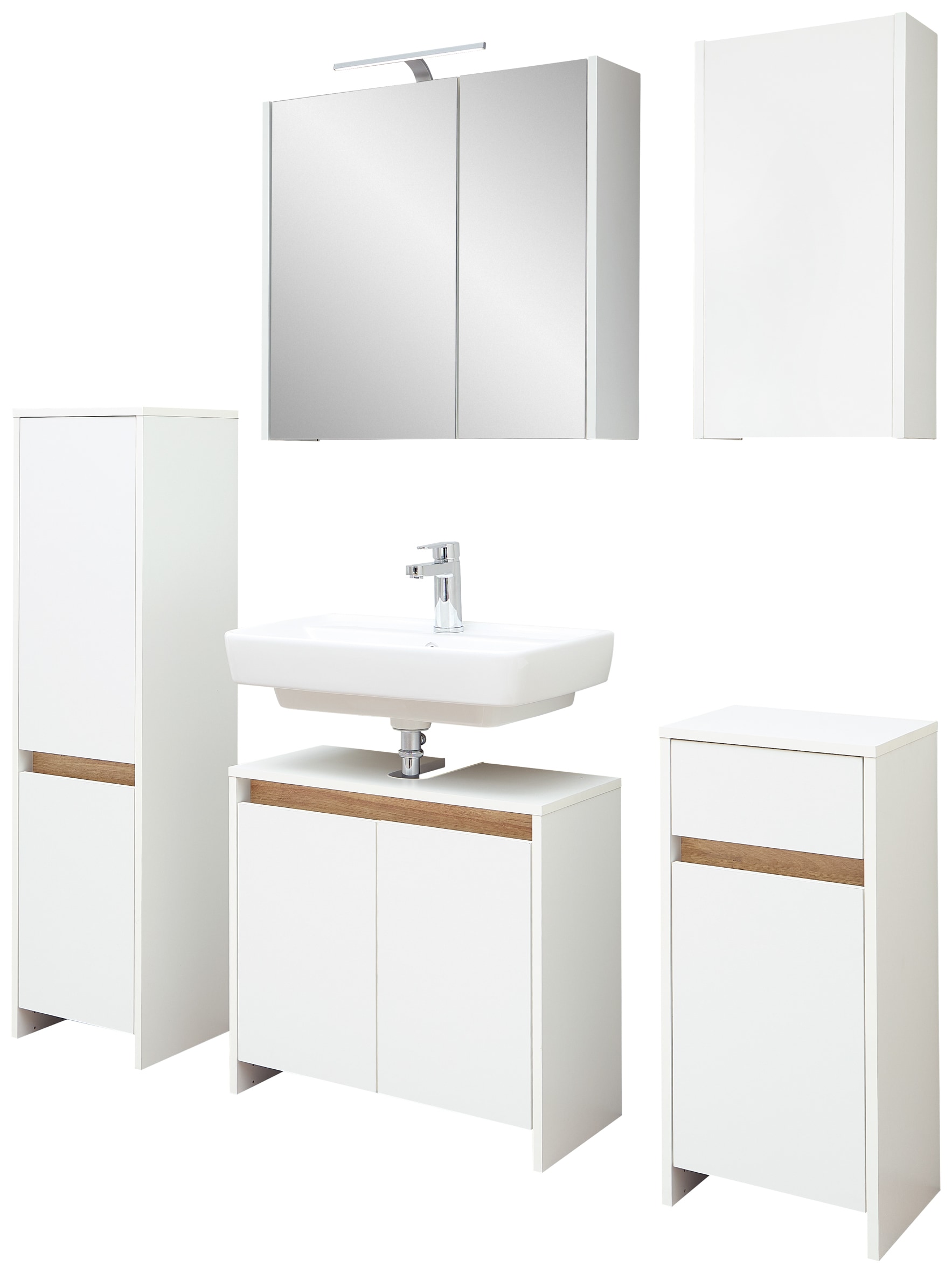 Saphir Badmöbel-Set »Quickset 100, Waschbeckenunterschrank mit Spiegelschrank«, (5 St.), Badezimmer-Set mit Unterschrank, Hängeschrank und Midischrank in Weiß