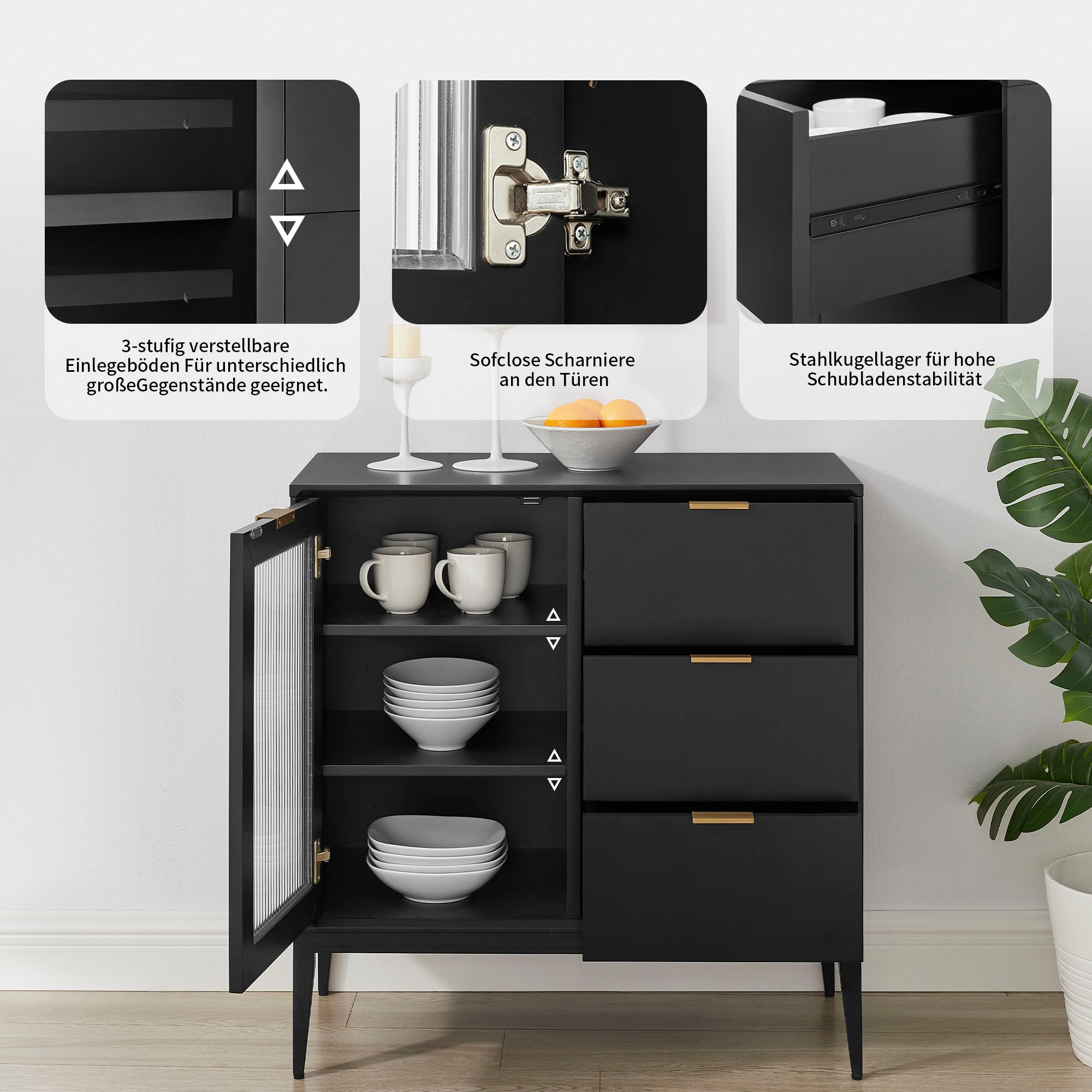 Leonique Sideboard »Lavisha« FSC-zertifiziertes Holz kombiniert Melamin, verchromten Metallgriffen