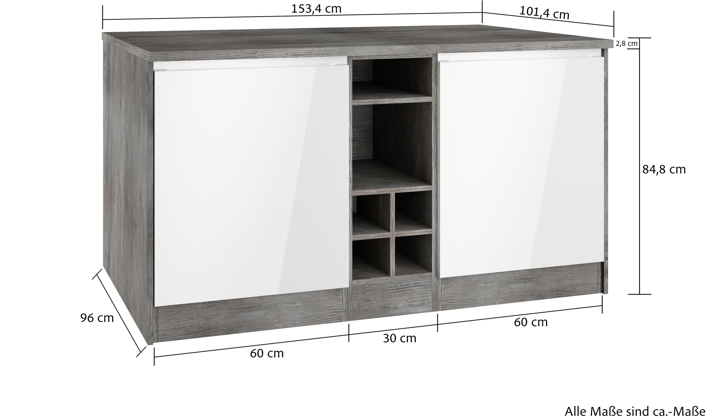 KOCHSTATION Kücheninsel »KS-Virginia«, Breite 153 cm, MDF-Fronten, Flaschenregal