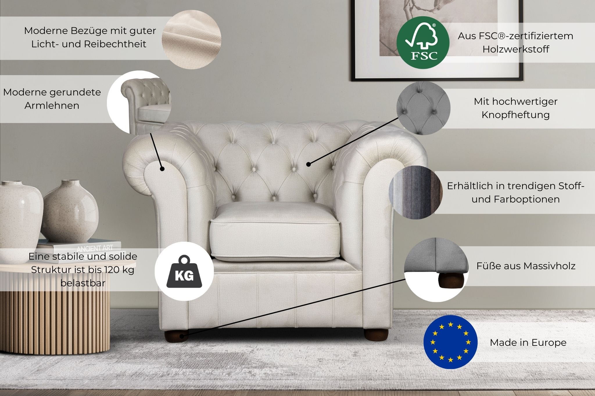 Home affaire Sessel »CHARENTE, Chesterfield, Wellenfederung, Maße B/T/H: 105/89/74 cm« mit edler Knopfheftung und typischen Armlehnen
