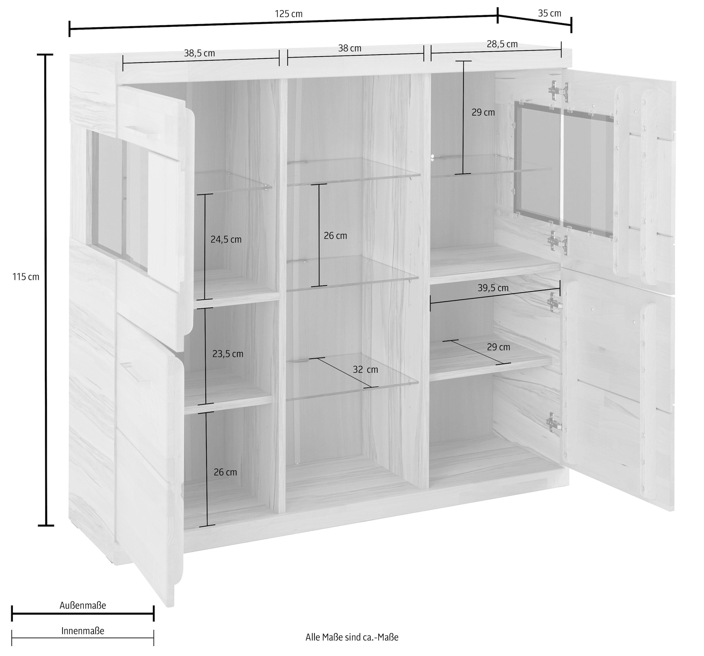Home affaire Highboard »Ribe,120cm breit,112cm hoch,Oberplatte massiv,12 Fächer«, Oberplatte Massivholz,schwarze Metall Griffe,2 Türen mit Glaseinsatz