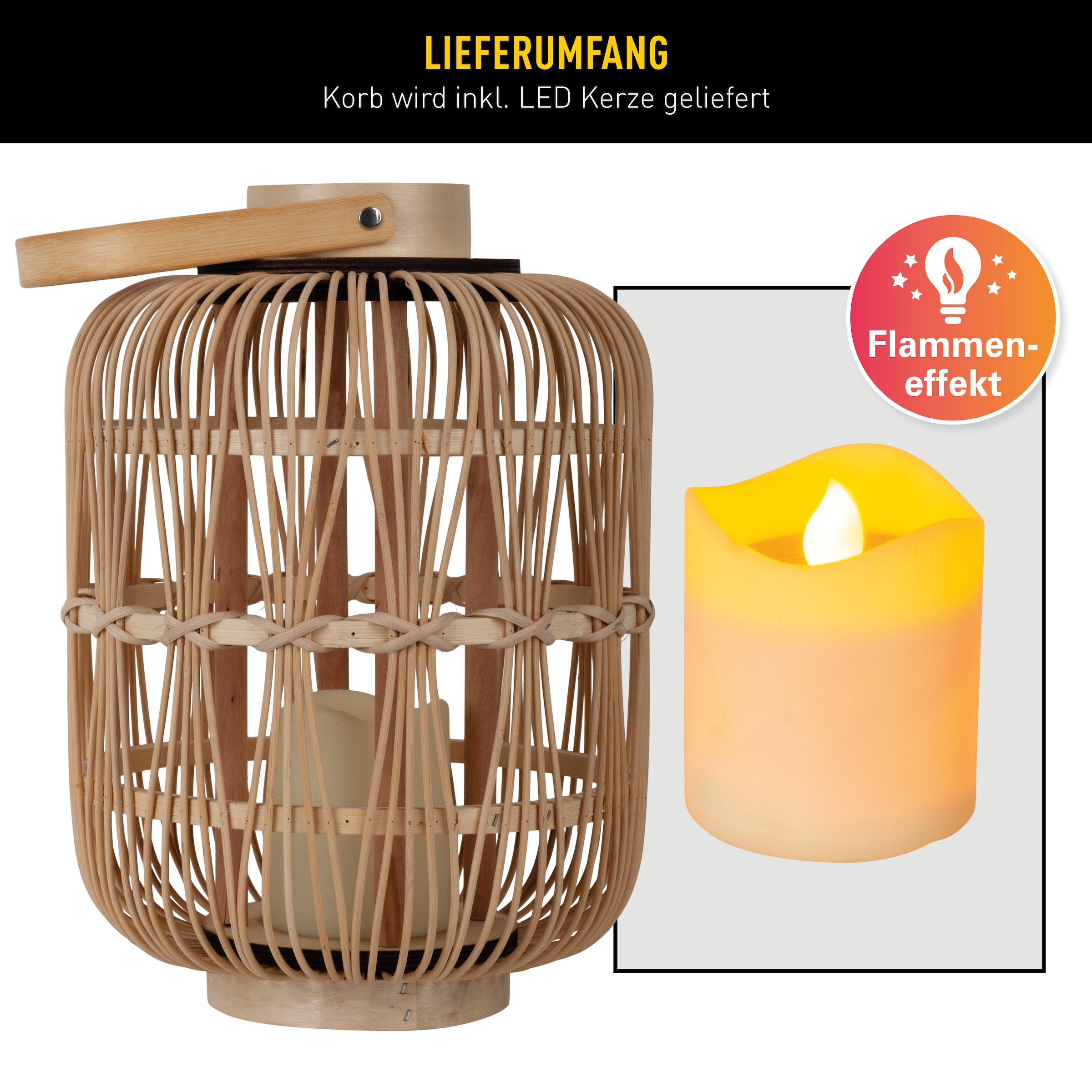 näve LED Dekolicht »Korbinian« 1 Stk. Warmweiß Rattankorb natur mit Griff inkl. 1x LED-Kerze warmweiß, Timer, IP20