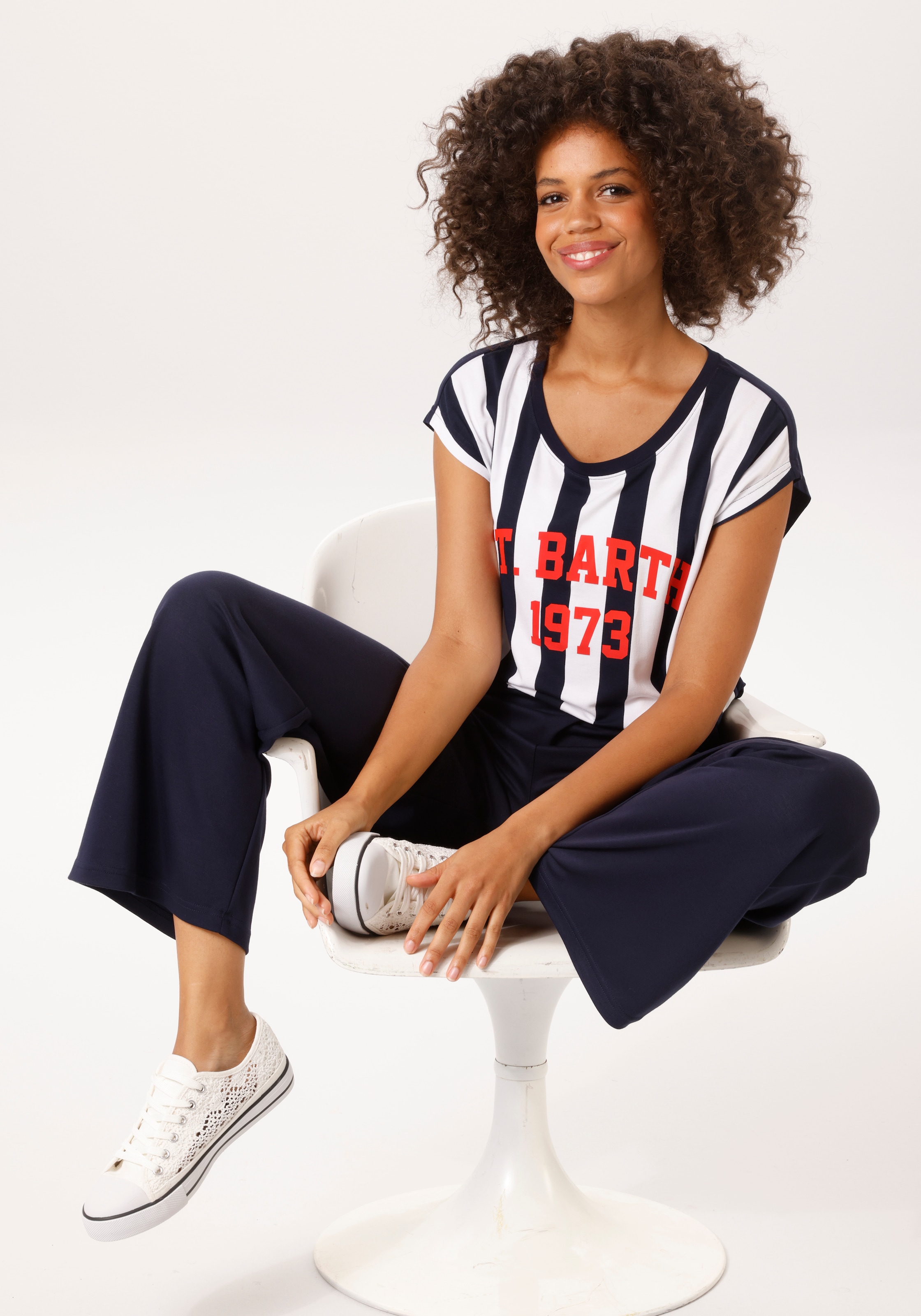 Aniston CASUAL T-Shirt mit Foliendruck auf dem gestreiften Vorderteil - NEUE KOLLEKTION