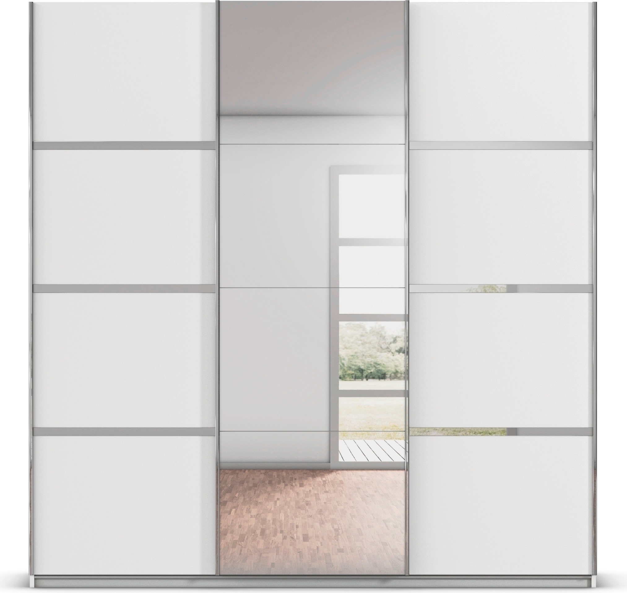 rauch Kleiderschrank »Schwebetürenschrank OTTO´s Choice Garderobe Schrank TOP ANGEBOT Avola«, (in 3 verschiedenen Ausstattungen BASIC/CLASSIC/PREMIUM inkl. Spiegel), mit eleganten Zierleisten in Chrom, Schwarz oder Weiß MADE IN GERMANY