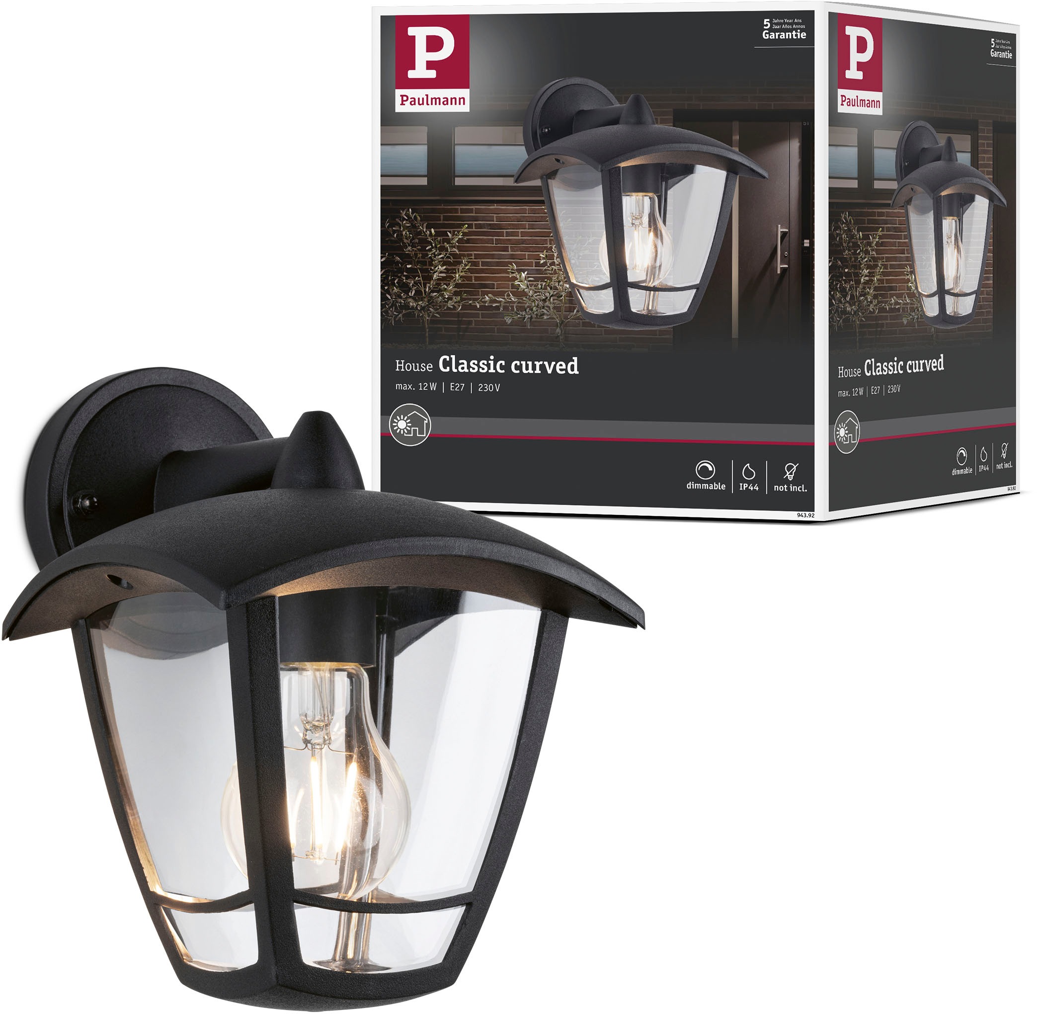 Paulmann LED Außen-Wandleuchte »Outdoor 230V Classic curved IP44 E27 Klarglas/Schwarz«, 1 flammig, Leuchtmittel E27 | ohne Leuchtmittel, E27, IP44