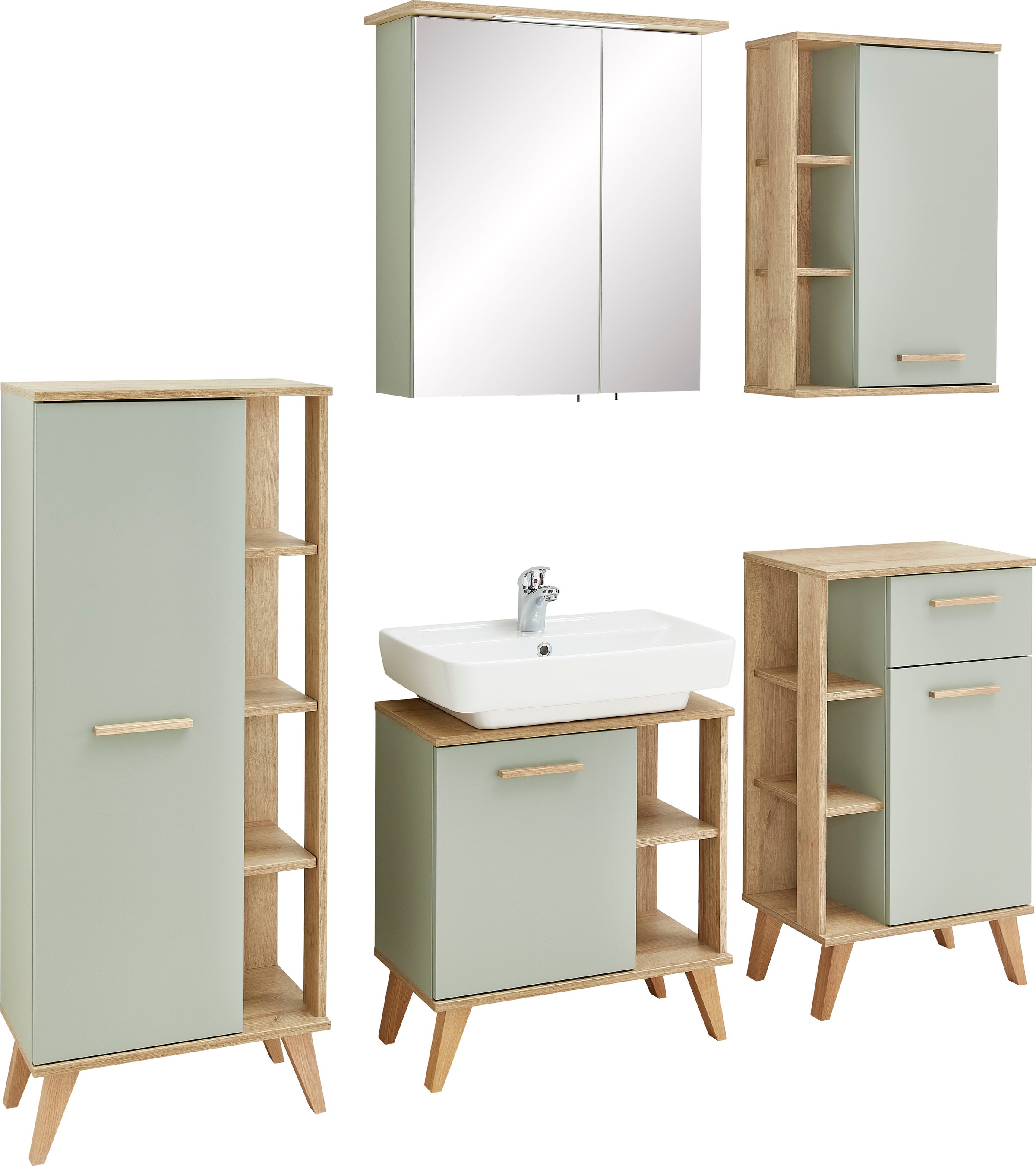 PELIPAL Badmöbel-Set »Salvie«, (5 tlg.), aus Midi-, Unter-, Hänge- und Waschbeckenunterschrank und Spiegelschrank ink. LED-Beleuchtung, Holzgriff, Türdämpfer