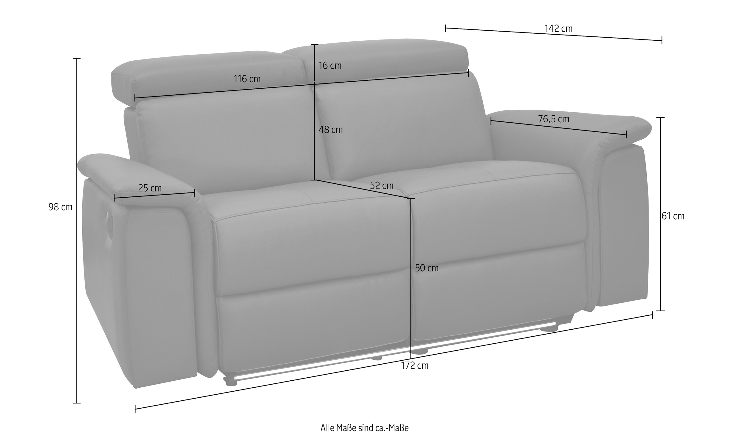 Places of Style 2-Sitzer »Pareli 172cm, manuelle u. elektr. Relaxfunktion«, USB, Kopfteil-Verstellung, LED, in Echtleder, Kunstleder, Web