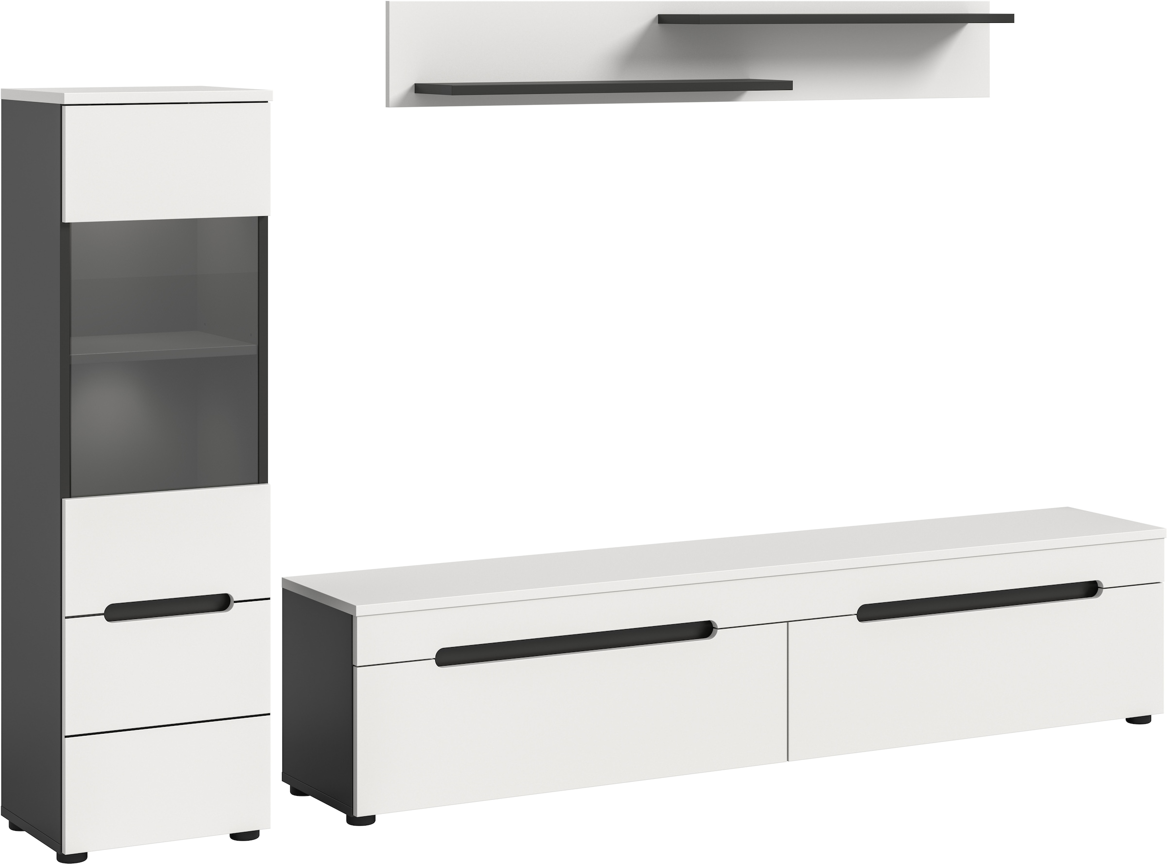 INOSIGN Wohnwand »REHAT, TOPSELLER!, 3-teilig, inkl. Beleuchtung, stehend oder hängend« Set bestehend aus: Vitrine inkl. Beleuchtung, Lowboard und Wandboard, 3 Stk. tlg.