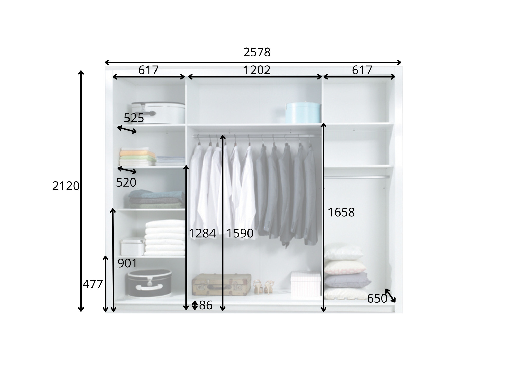 Home affaire Kleiderschrank »LANDERY Garderobe mit Spiegel, 8 Fächer, 2 Kleiderstangen, Beleuchtung« Schiebetürenschrank mit 3 Türen, Maße B/T/H: 252/67/213cm