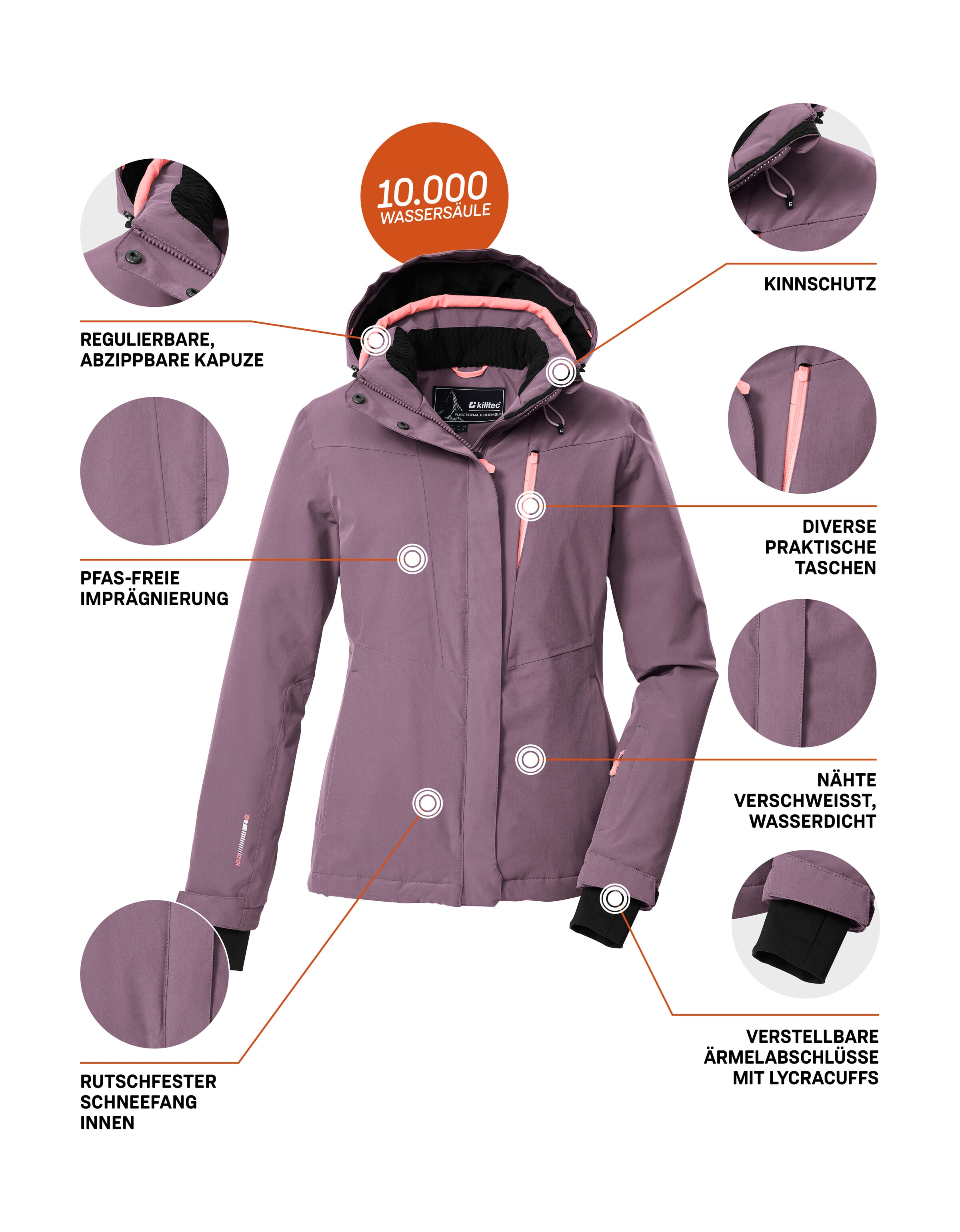 Killtec Skijacke »KSW 25 WMN SKI JCKT«, Atmungsaktive, wasserdichte Skijacke mit abnehmbarer Kapuze