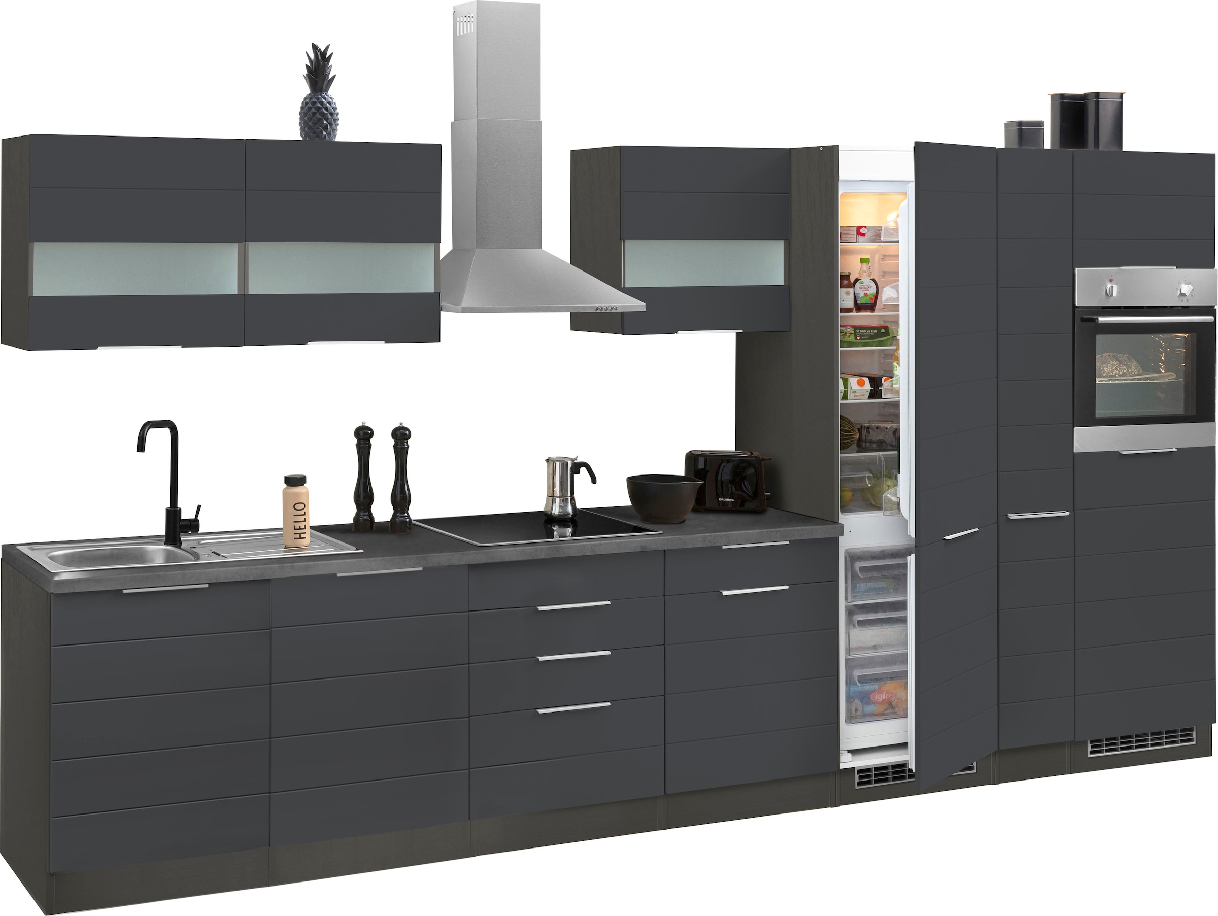 KOCHSTATION Küchenzeile »KS-Luhe« 390 cm breit, wahlweise mit oder ohne E-Geräten, gefräste MDF-Fronten