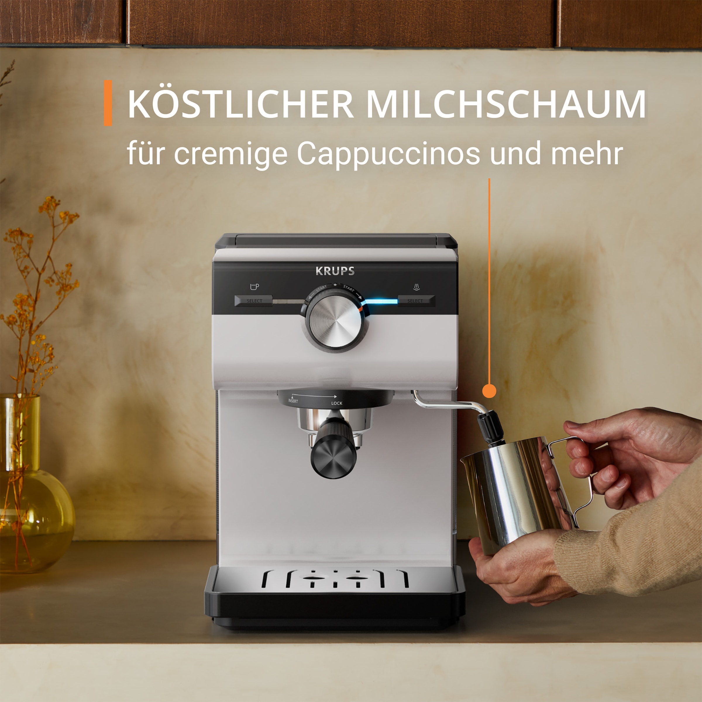 Krups Siebträgermaschine »XP381B Authentic, Siebtäger«, intuitives Bedienfeld, Milch-Aufschäumdüse, 2 Siebeinsätze