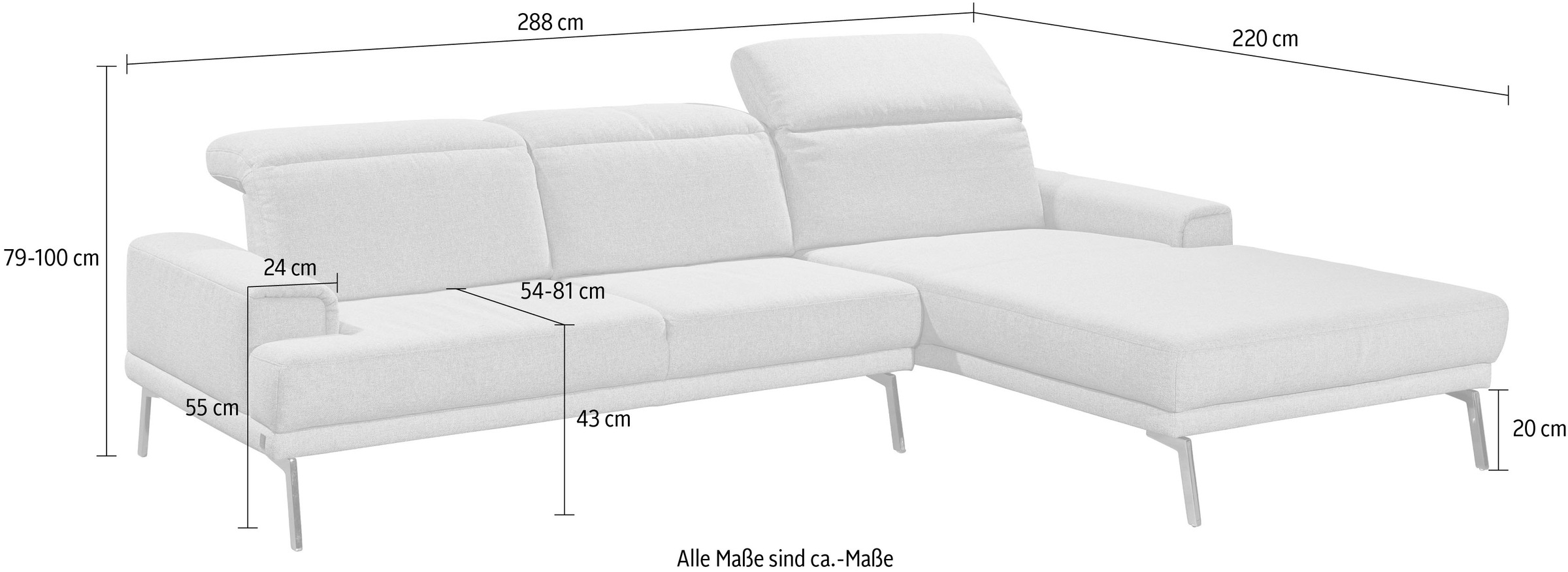 Musterring Ecksofa »MR 4580«, mit Kopf- und Sitztiefenverstellung, Metallfuß chrom, 288 x 193/220cm