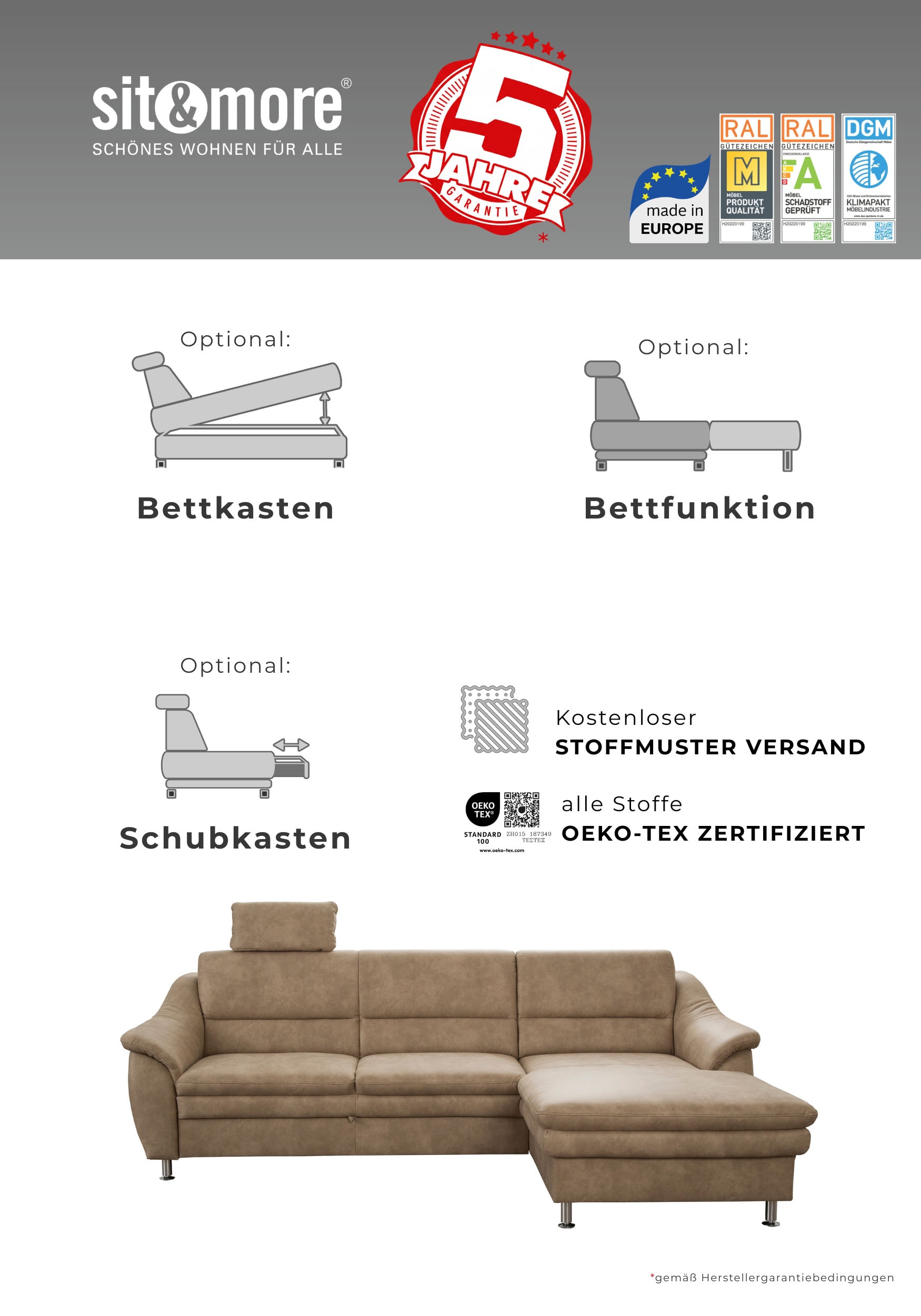 sit&more Wohnlandschaft »Cardoso, U-Form, B: 324 cm, Bettfunktion und Relaxfunktion optional« 2 Kopfstützen inklusive, Federkern, komfortable Sitzhöhe 47 cm