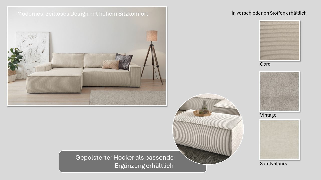 Home affaire Ecksofa SHERWOOD Schlafsofa 267 cm, L-Form, Schlaffunktion mit Bettkasten (210x136 cm), Cord, Vintage, Samtvelours