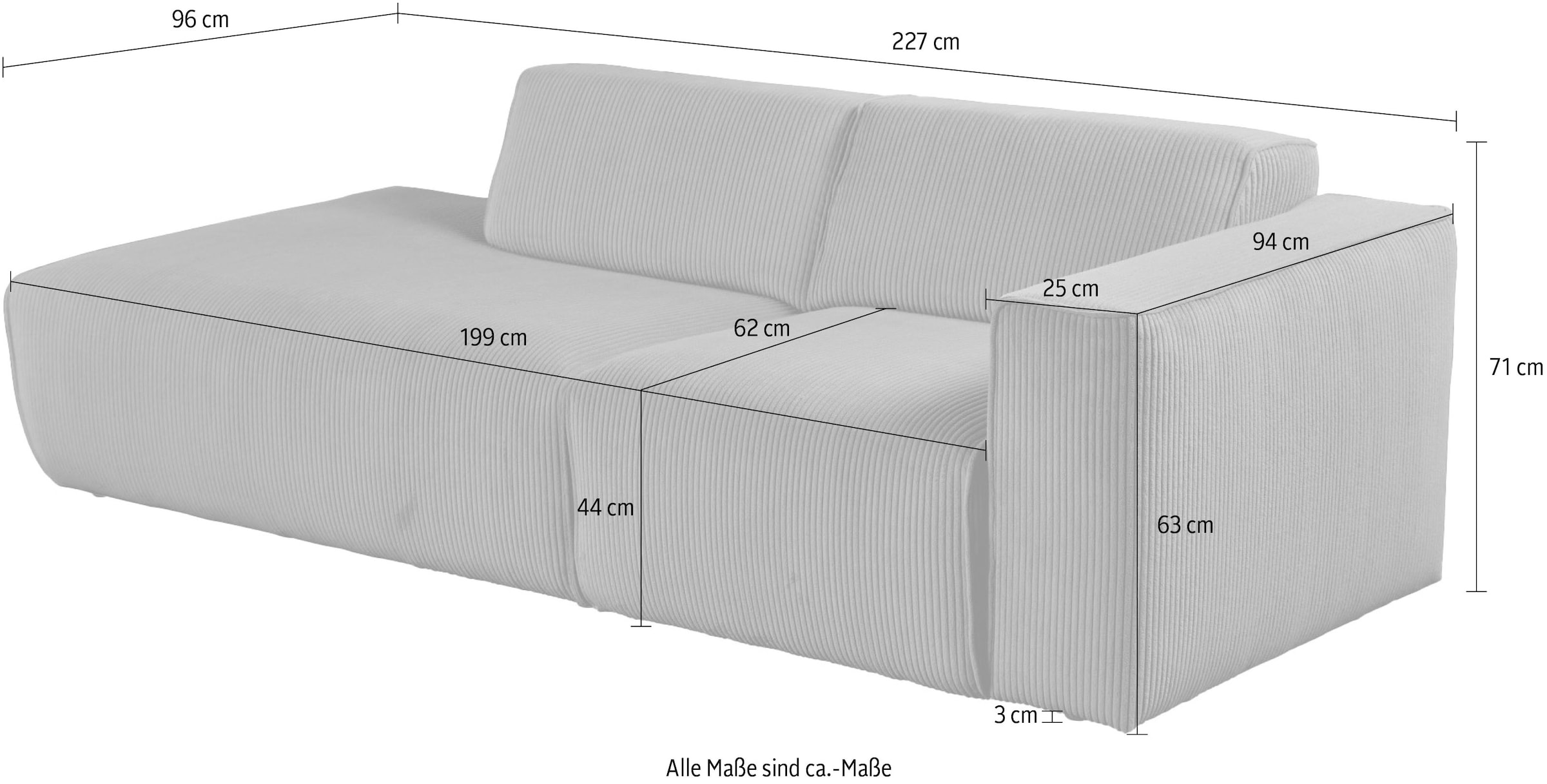 andas 2-Sitzer »Noord mit Kedernaht, Breite 227 cm«, Cord, Struktur, Webstoff, mit Wellenunterfederung, Massivholzrahmen