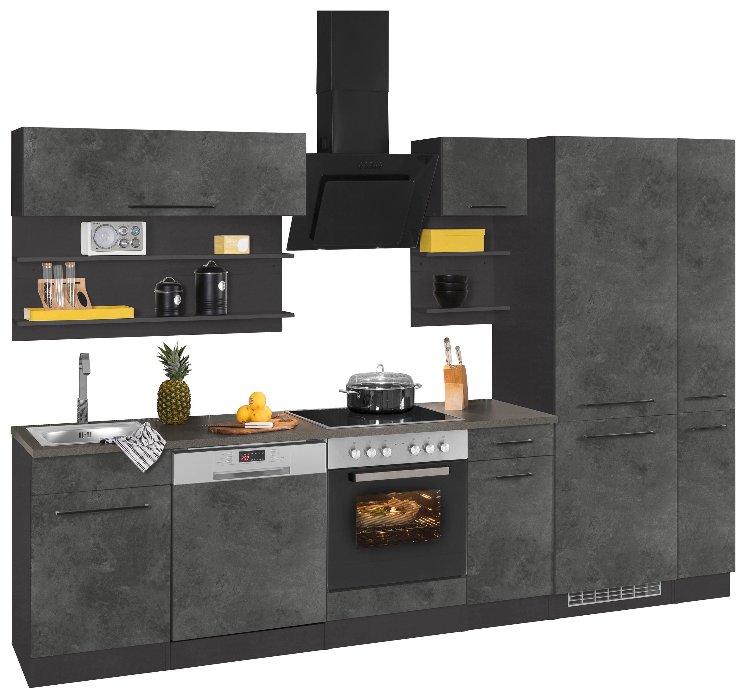 KOCHSTATION Küchenzeile »KS-Tulsa«, mit E-Geräten, Breite 300 cm, schwarze Metallgriffe, MDF Fronten