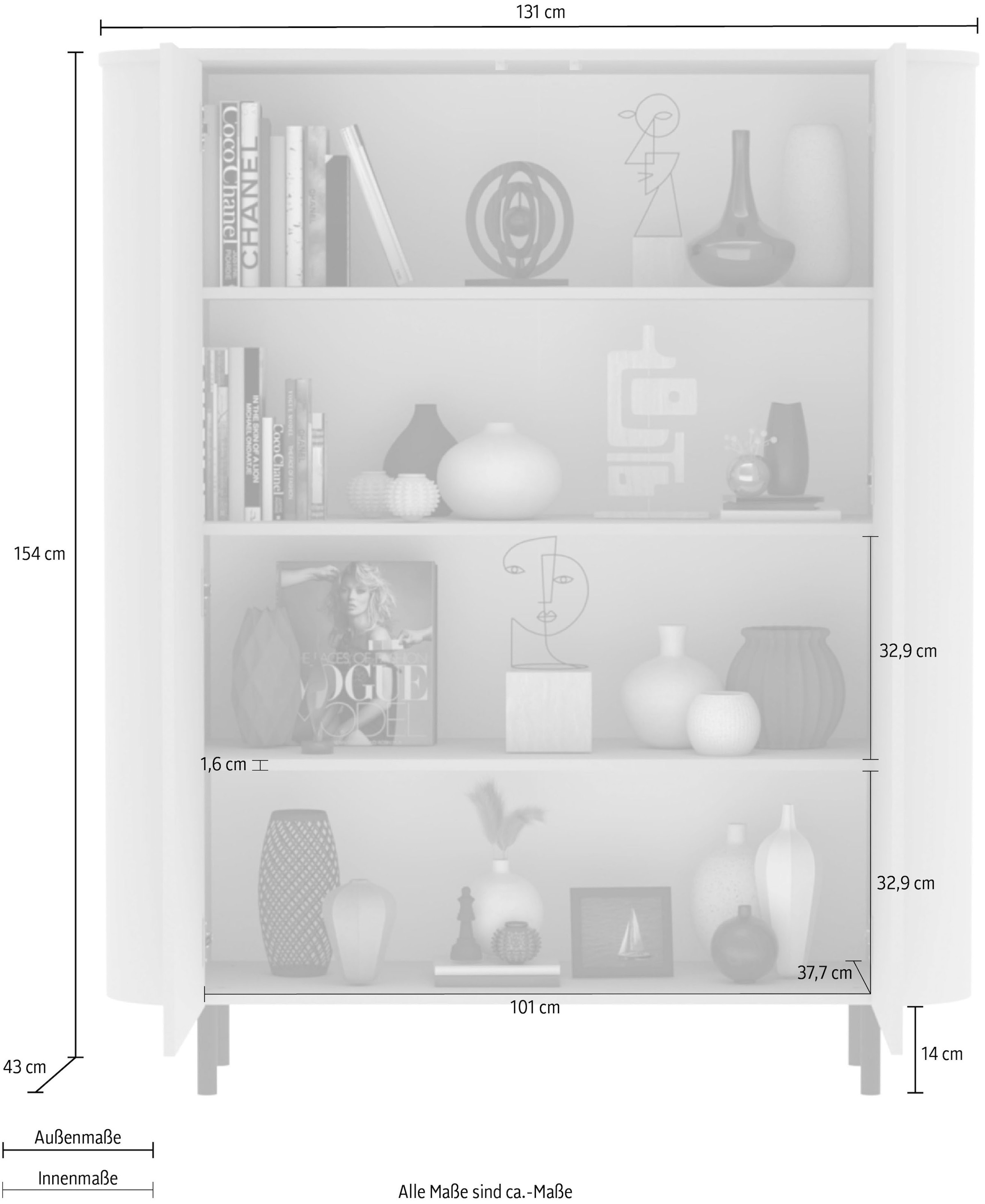 INOSIGN Highboard »Lido, B/H 131/154 cm, 2 Türen, Stauraumschrank, Hochkommode« Formgebogenes MDF, Stirnseiten mit Rundung, Push-to-open, Metallfüße