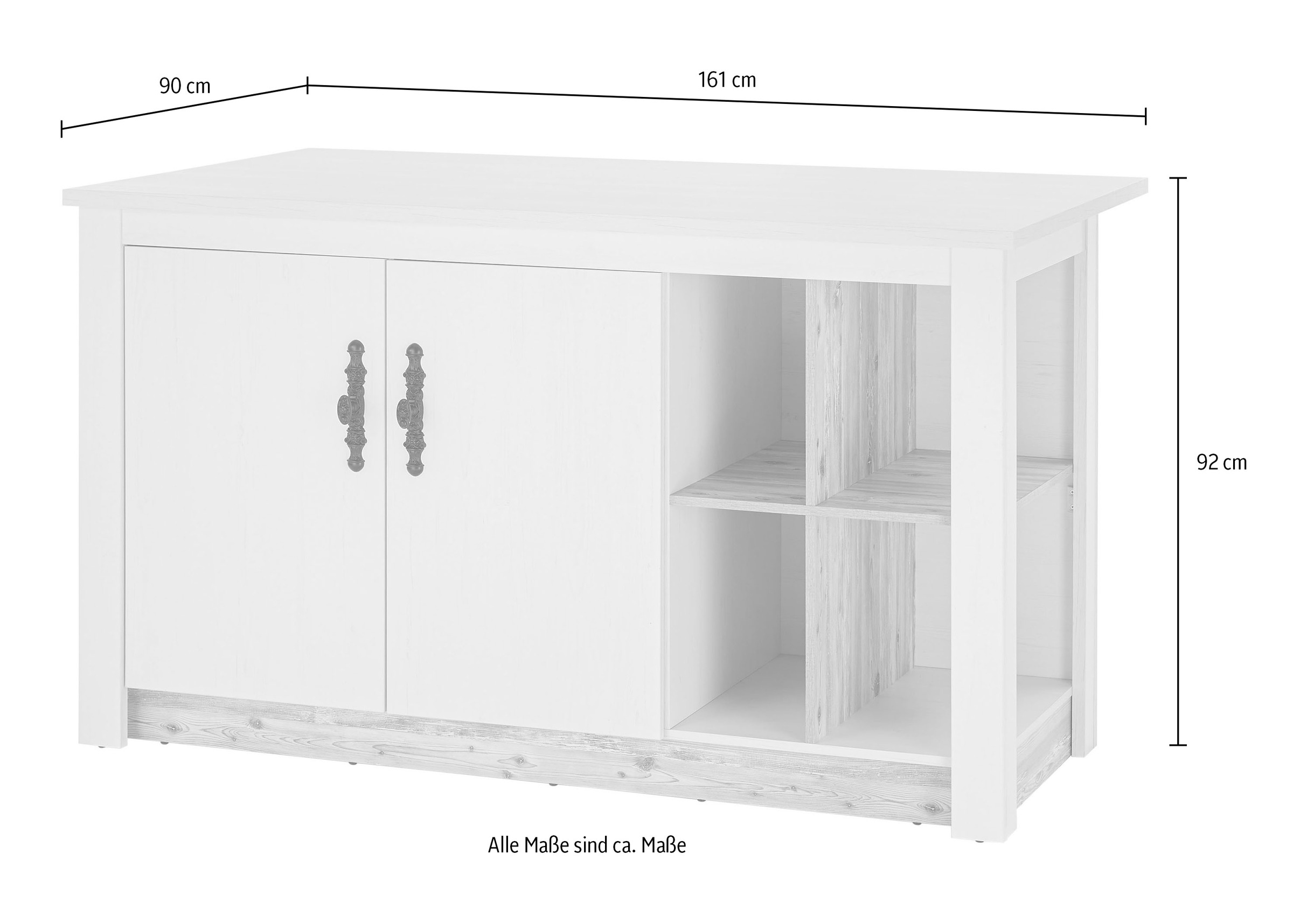 Home affaire Kücheninsel »Florenz, Küchenblock in Pinie Weiß, Kochinsel, Küchenarbeitsblock«, Breite 161 cm, mit verschnörkeltem Metallgriff, Arbeitshöhe 92 cm