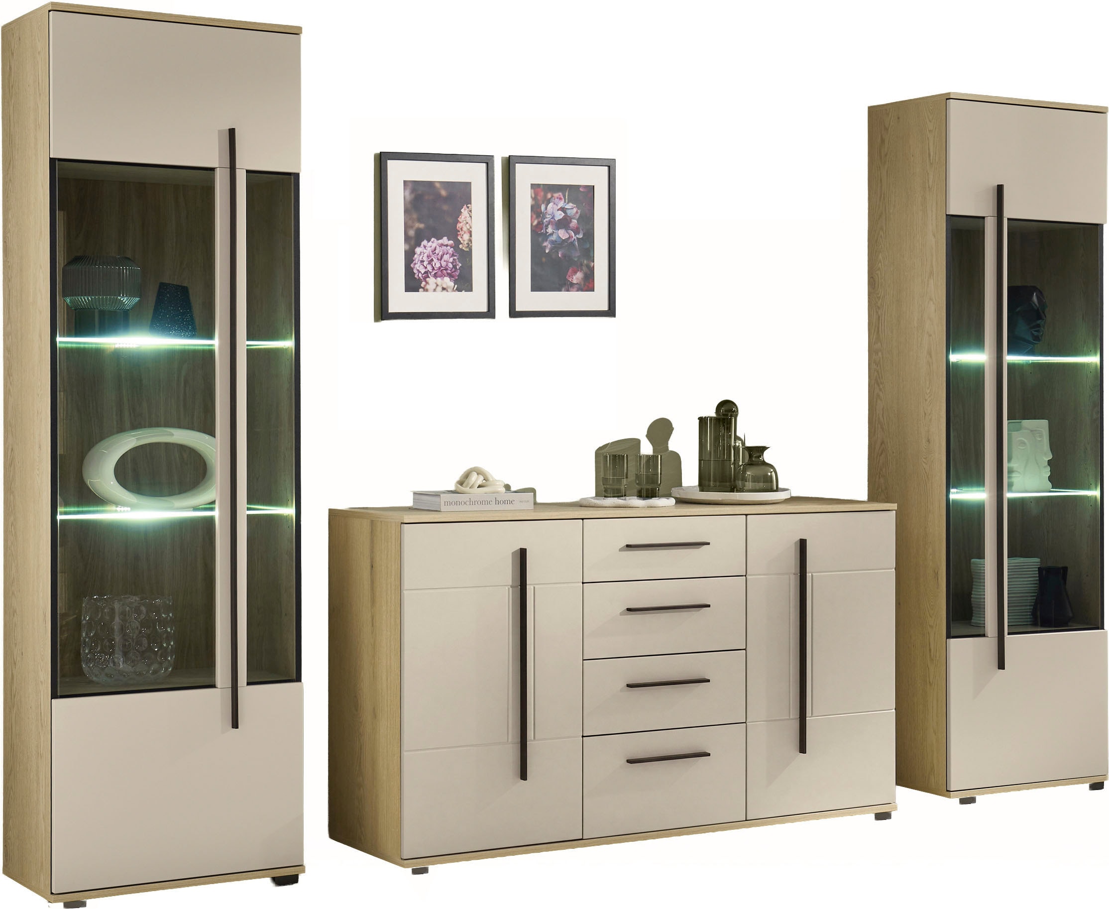 Home affaire Wohnwand »Cantara, Anbauwand, Wohnzimmer-Set, in Eiche Evoke, Weiß oder Kaschmir« Set, 