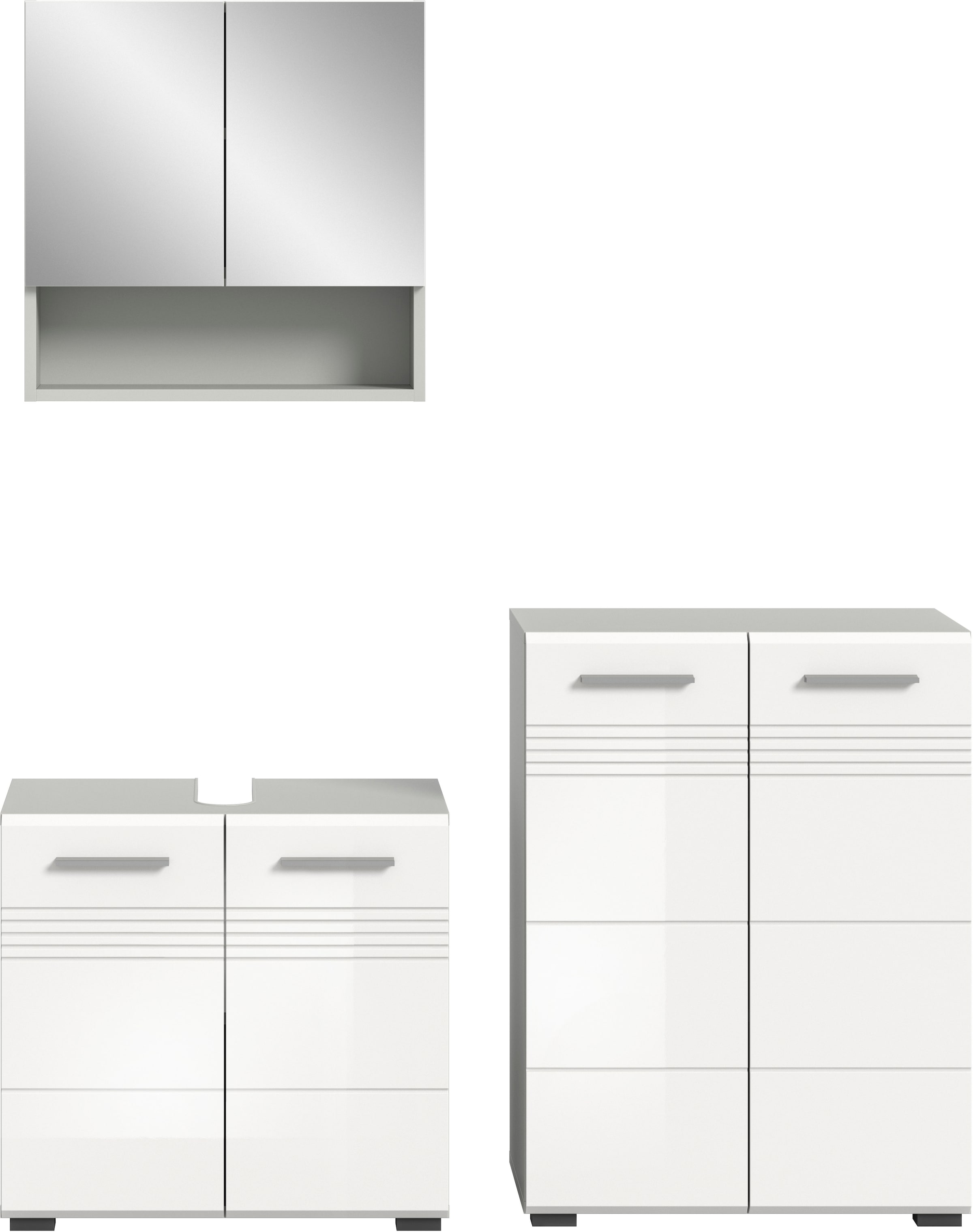 welltime Badmöbel-Set »Calicio,bestehend aus: Waschbeckenunterschrank,Spiegel-und Midischrank«, (3 St.), Midischrank, hochwertige MDF Front mit Rillenfräsung