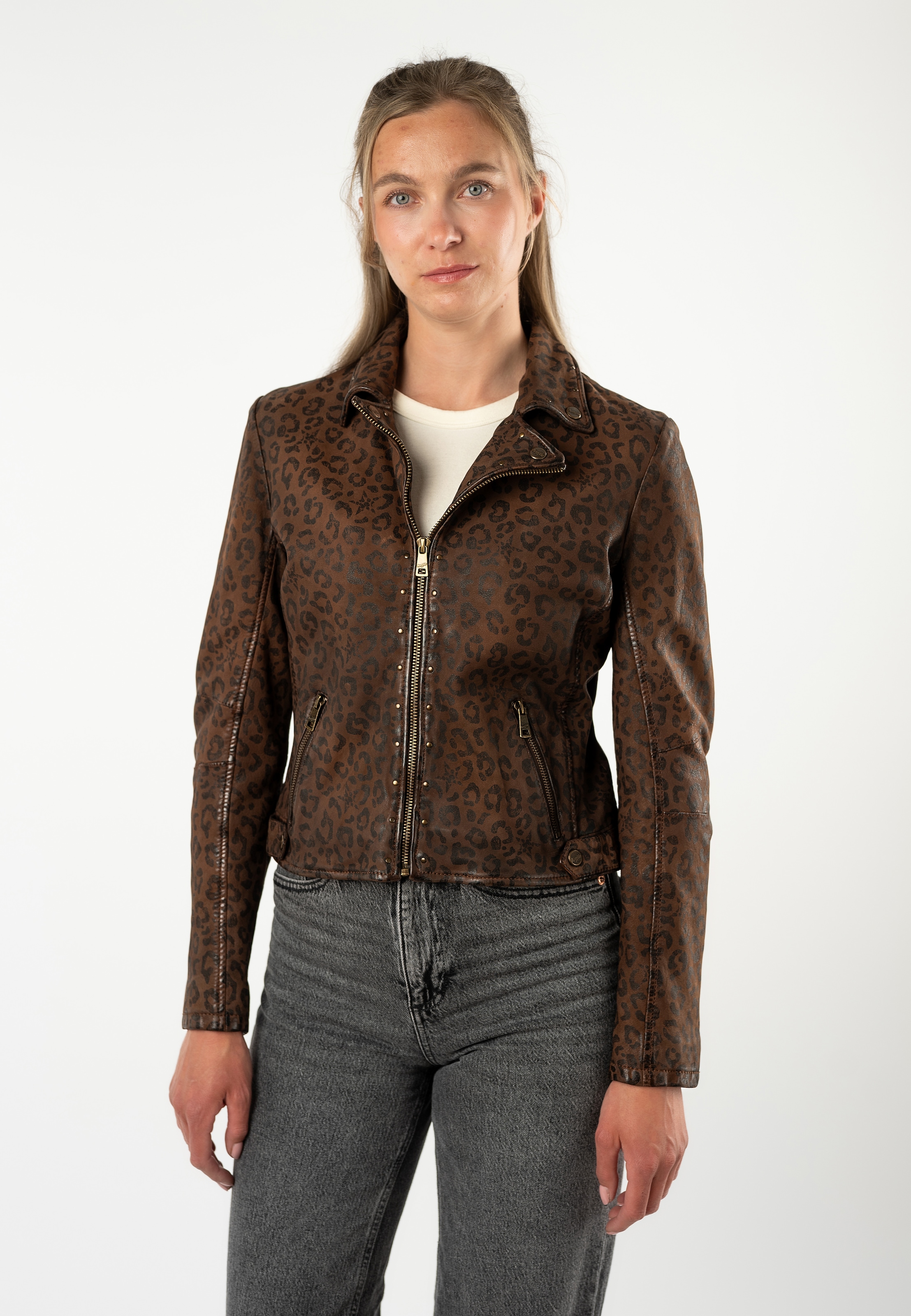 Mauritius Lederjacke »MWNyxa« mit dekorativem Nietenbesatz, Leo-Print
