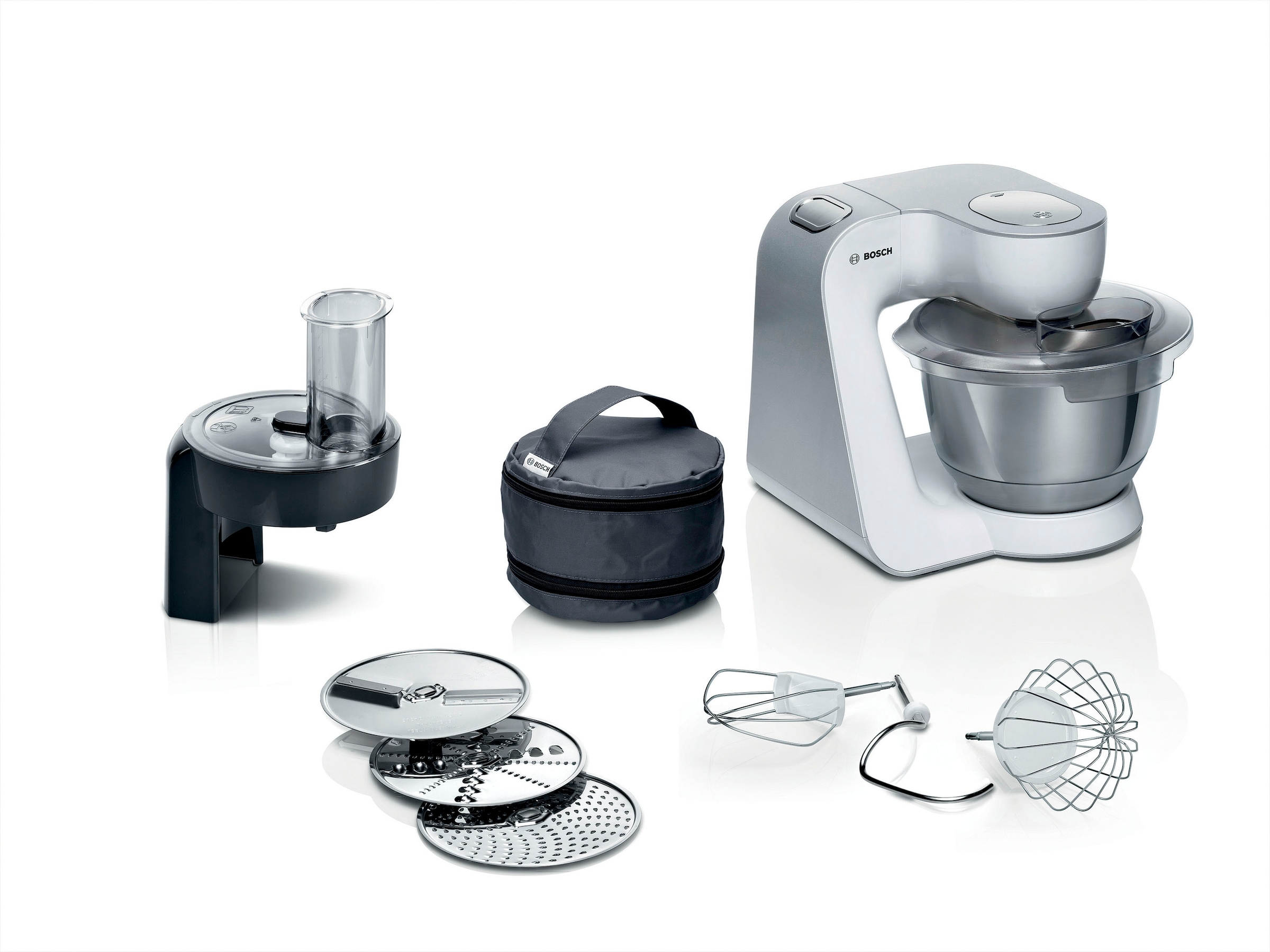 BOSCH Küchenmaschine »Serie 4 MUM58210, Durchlaufschnitzler, 3 Scheiben, weiß«, Edelstahl-Schüssel, Knethaken/Schlag-/Rührbesen, spülmaschinenfest