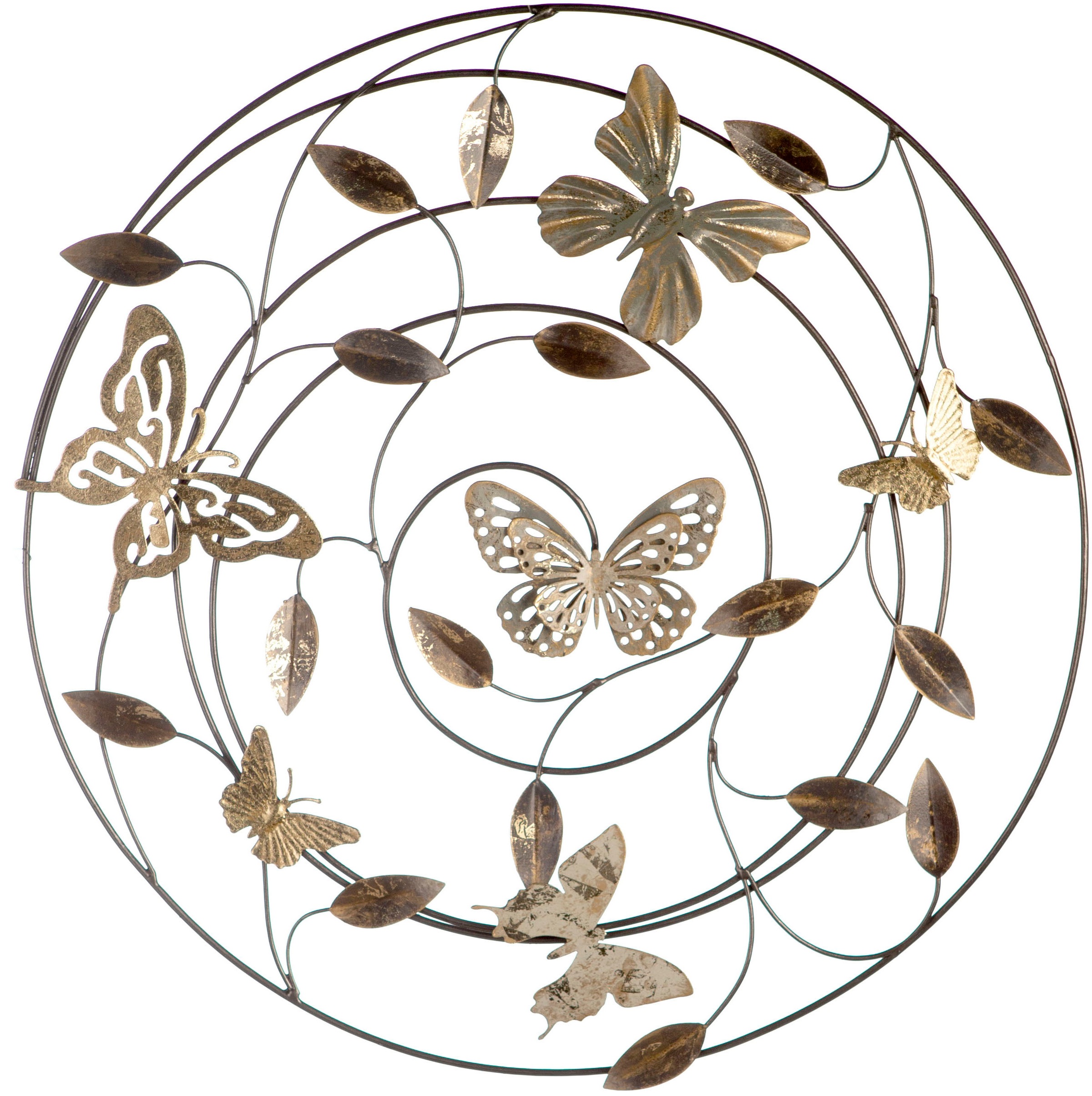 GILDE Wanddekoobjekt »Wandrelief Farfalle grau/braun/gold«, (1 St.), Wanddeko, Ø 50 cm, aus Metall, mit Blättern & Schmetterlingen, dekorativ im Esszimmer & Wohnzimmer