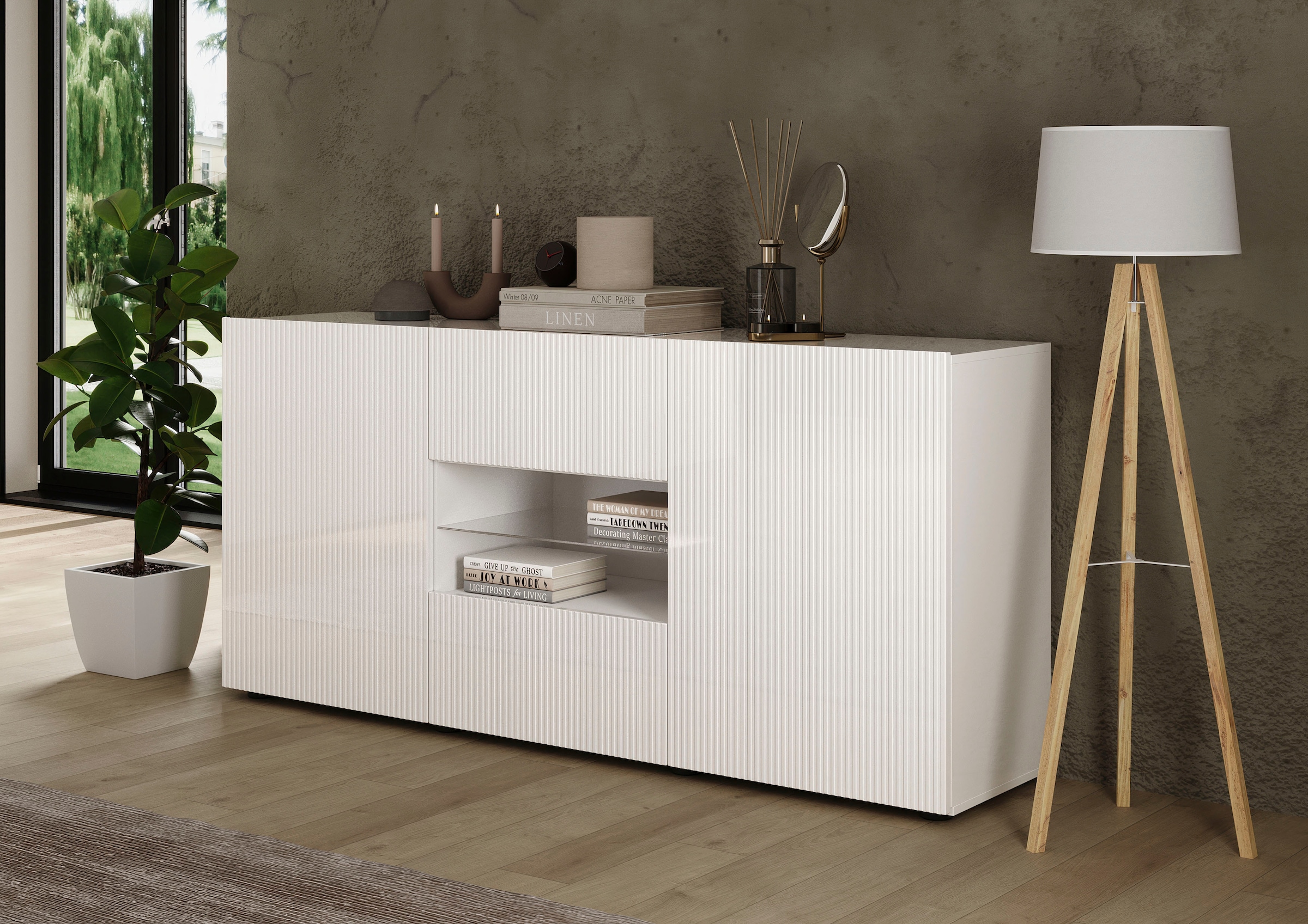 INOSIGN Sideboard »Rio Breite 181 cm, Kommode mit 2 Türen u. 2 Schubkästen,«, geriffelte MDF-Fronten, modern u. elegant, viel Stauraum
