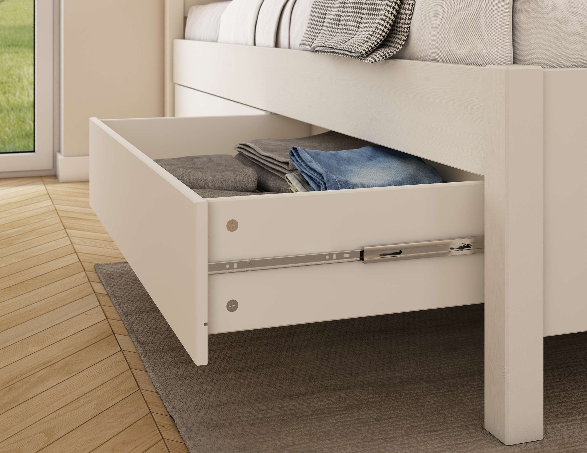 OTTO home Stauraumbett »Synnra, Stauraumbett, 4 Schubladen, Made in EU, Landhausstil« FSC® zertifiziert, Kassettenfront, Stauraumlösung und Komfort