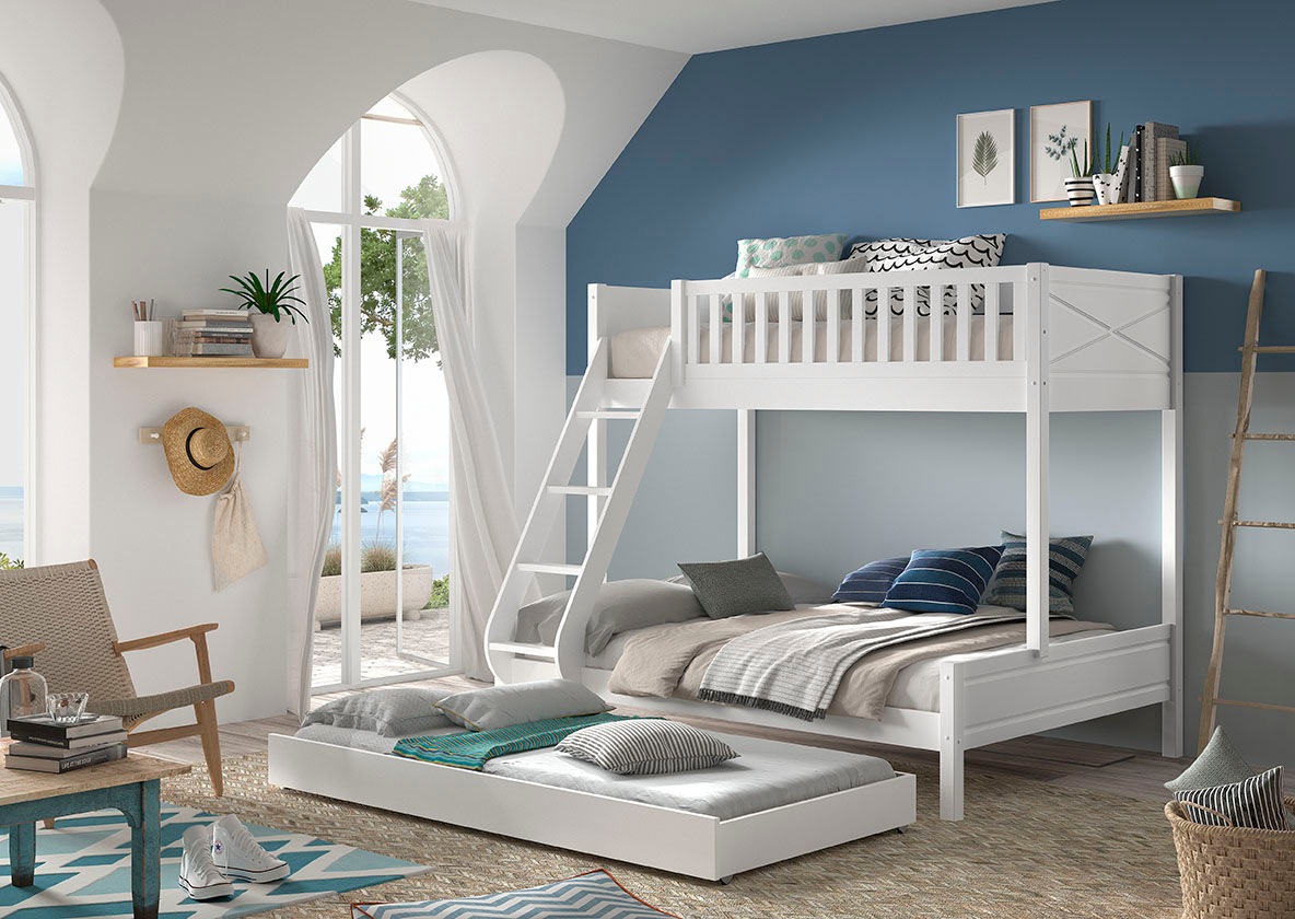 Vipack Etagenbett »Scott, Kiefer massiv, stabil gebaut, Made in Europe, Landhaus-Optik«, (B/H/T ca. 208x175x158cm, inkl. Rolllattenroste, Leiter, Absturzschutz), wahlweise, ohne Schublade, mit 2 kleinen oder 1 großen Bettschublade