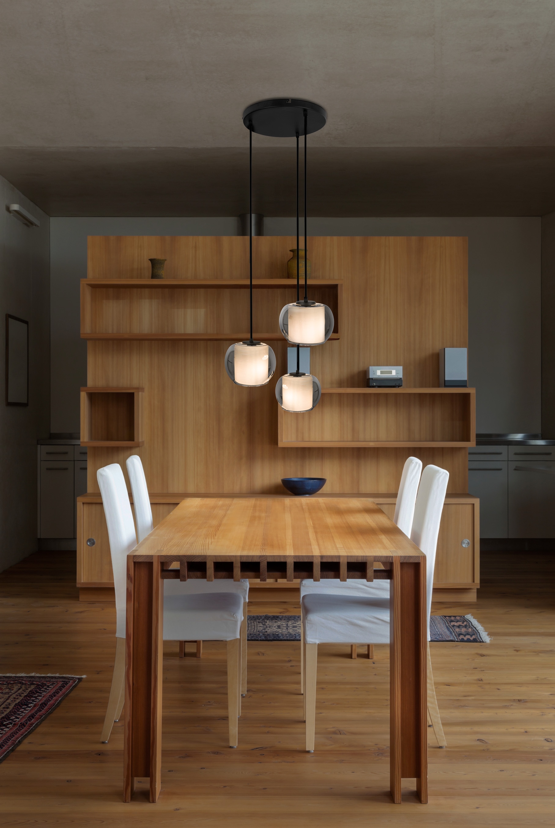 OTTO home Pendelleuchte »Tanissa mit Doppelschirm« E27 1 Stk. Pendellampe, 3er Rondell, Rauchglas, Stoffschirm, E27, Glasschirm