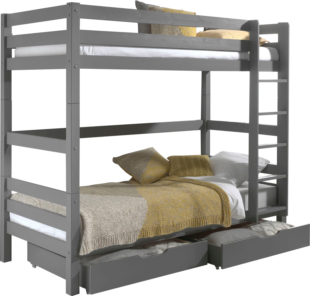 Vipack Etagenbett »Pino, inkl. Rolllattenrost, Leiter und Absturzschutz«, (B/H/T ca. 210x182x105cm, massiv Kiefer verschiedene Farben), wahlweise ohne Schublade, mit 1 großen, 2 kleinen Bettschubladen