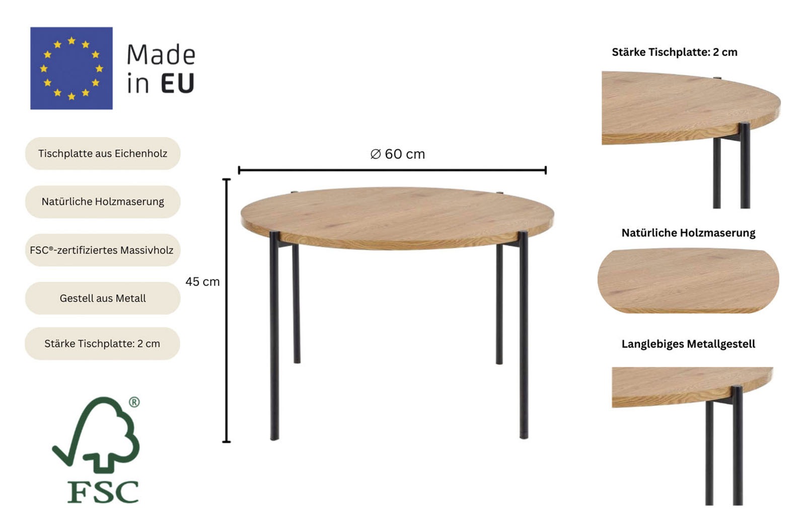 andas Couchtisch »Vantaa«, Tischplatte aus massiver Eiche, generelle Maße (B/T/H): 60/60/45 cm