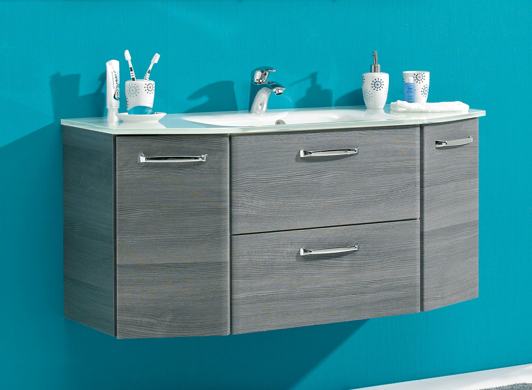 Saphir Waschtisch »Quickset Waschplatz inkl. Glaswaschtisch, 112 cm breit, 2 Türen«, Unterschrank mit Waschbecken, inkl. Türdämpfer, Griffe Chrom Glanz