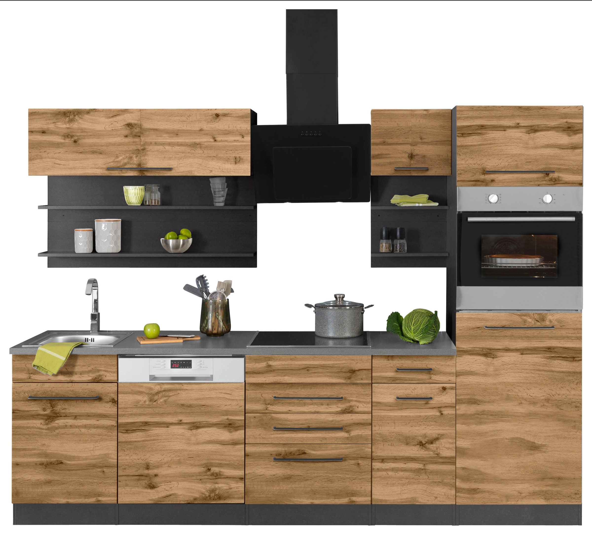 KOCHSTATION Küchenzeile »KS-Tulsa« ohne E-Geräte, Breite 270 cm, schwarze Metallgriffe, MDF Fronten