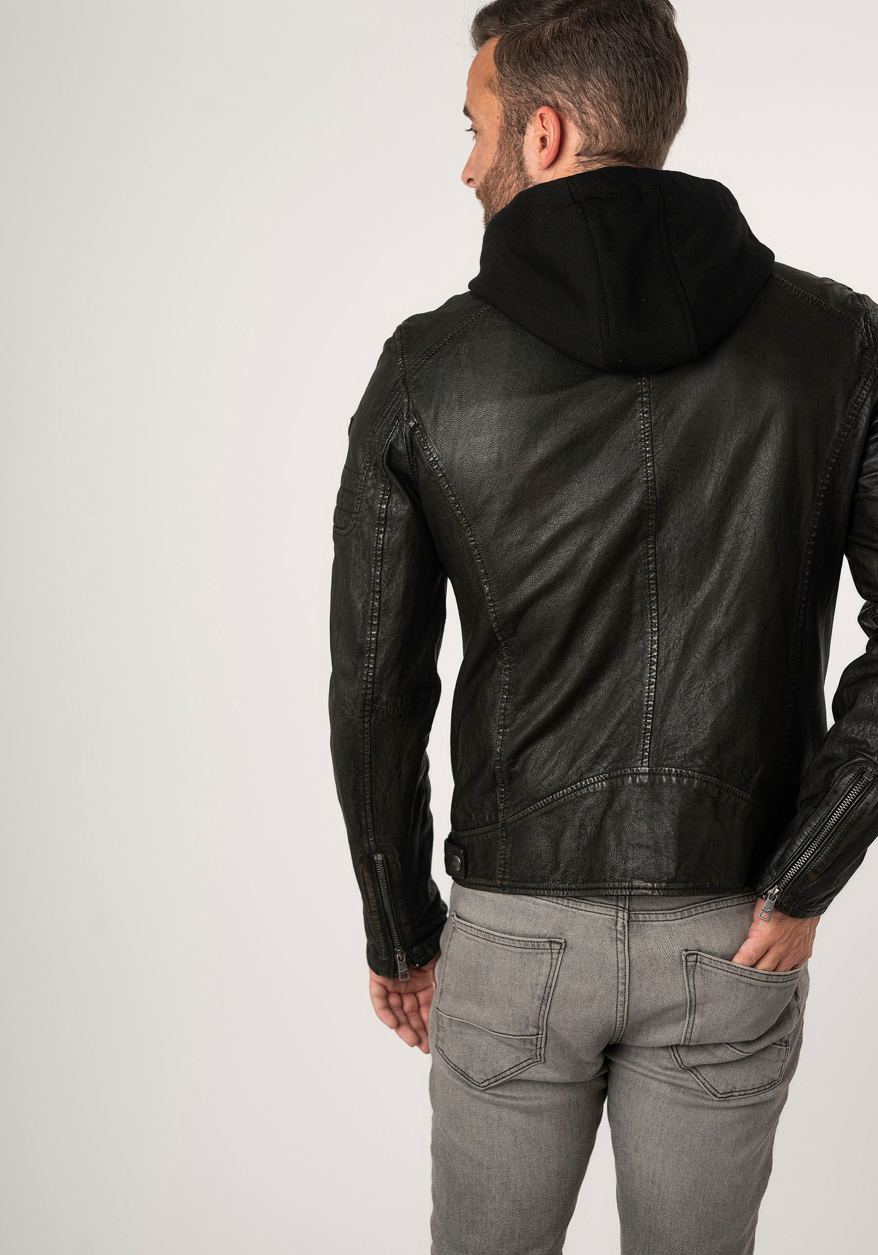 Mauritius Lederjacke »MMJenno«, mit Kapuze, mit Jerseykapuze, Reißverschluss, Ziernähte