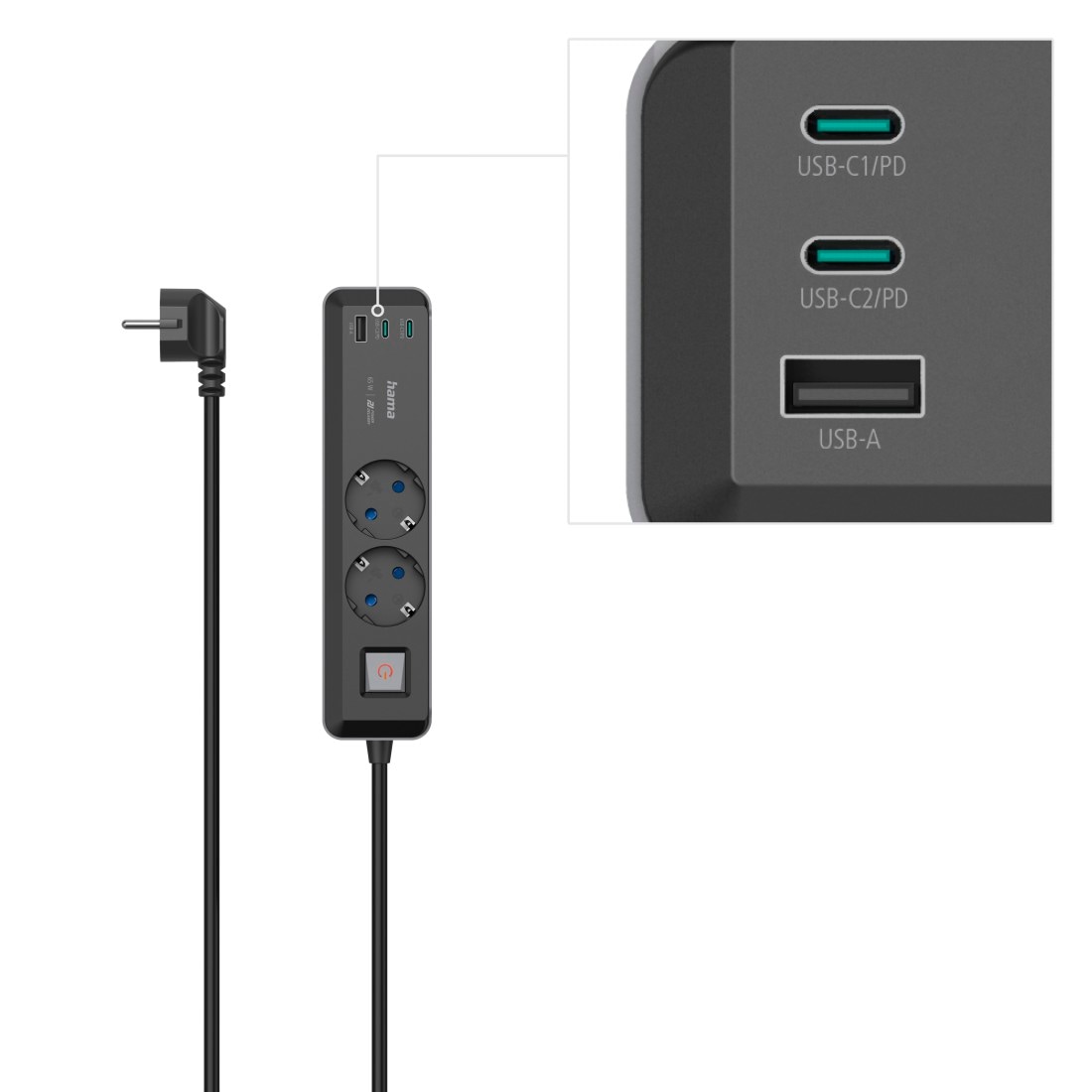 Hama Steckdosenleiste »5in1 Steckdosenleiste 2 fach mit Schalter, 2 USB-C, 1x USB A, schwarz«